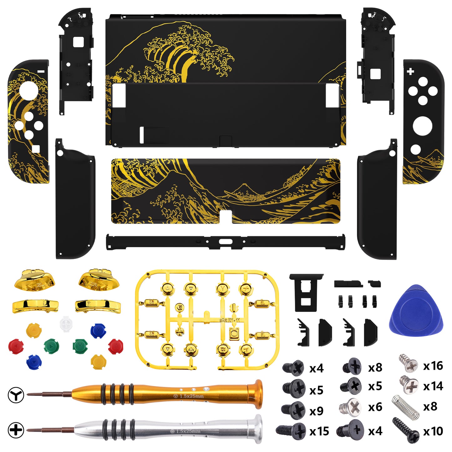 eXtremeRate Custom Replacement Full Set Shell with Buttons for Nintendo Switch OLED - The Great GOLDEN Wave Off Kanagawa - Black eXtremeRate