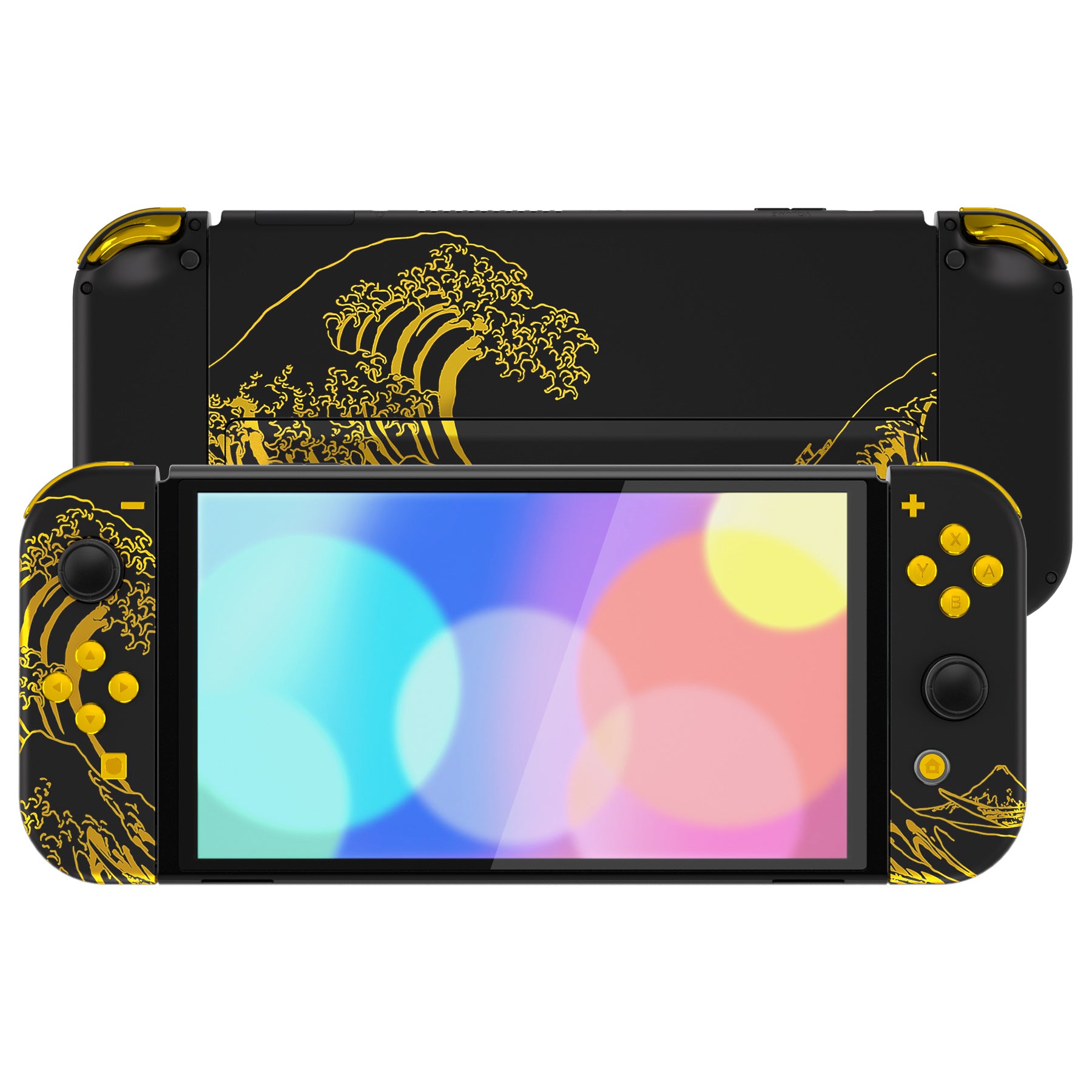 eXtremeRate Custom Replacement Full Set Shell with Buttons for Nintendo Switch OLED - The Great GOLDEN Wave Off Kanagawa - Black eXtremeRate