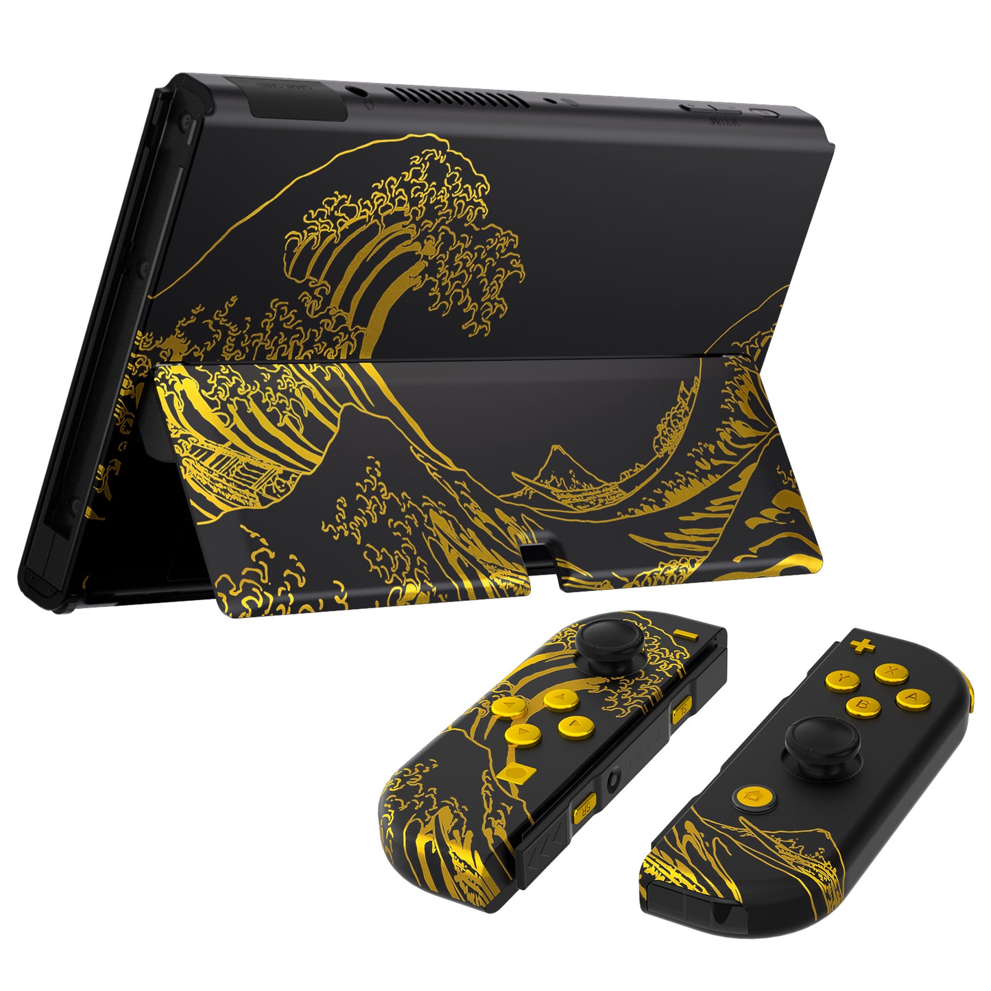 eXtremeRate Custom Replacement Full Set Shell with Buttons for Nintendo Switch OLED - The Great GOLDEN Wave Off Kanagawa - Black eXtremeRate