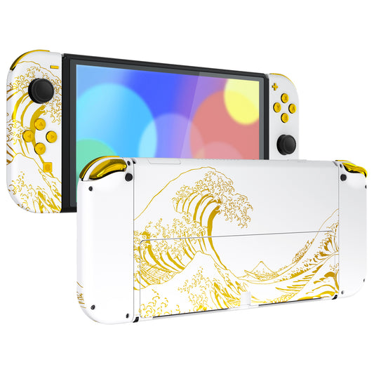 eXtremeRate Custom Replacement Full Set Shell with Buttons for Nintendo Switch OLED - The Great GOLDEN Wave Off Kanagawa - White