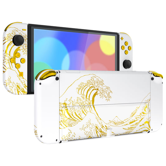 eXtremeRate Custom Replacement Full Set Shell with Buttons for Nintendo Switch OLED - The Great GOLDEN Wave Off Kanagawa - White eXtremeRate