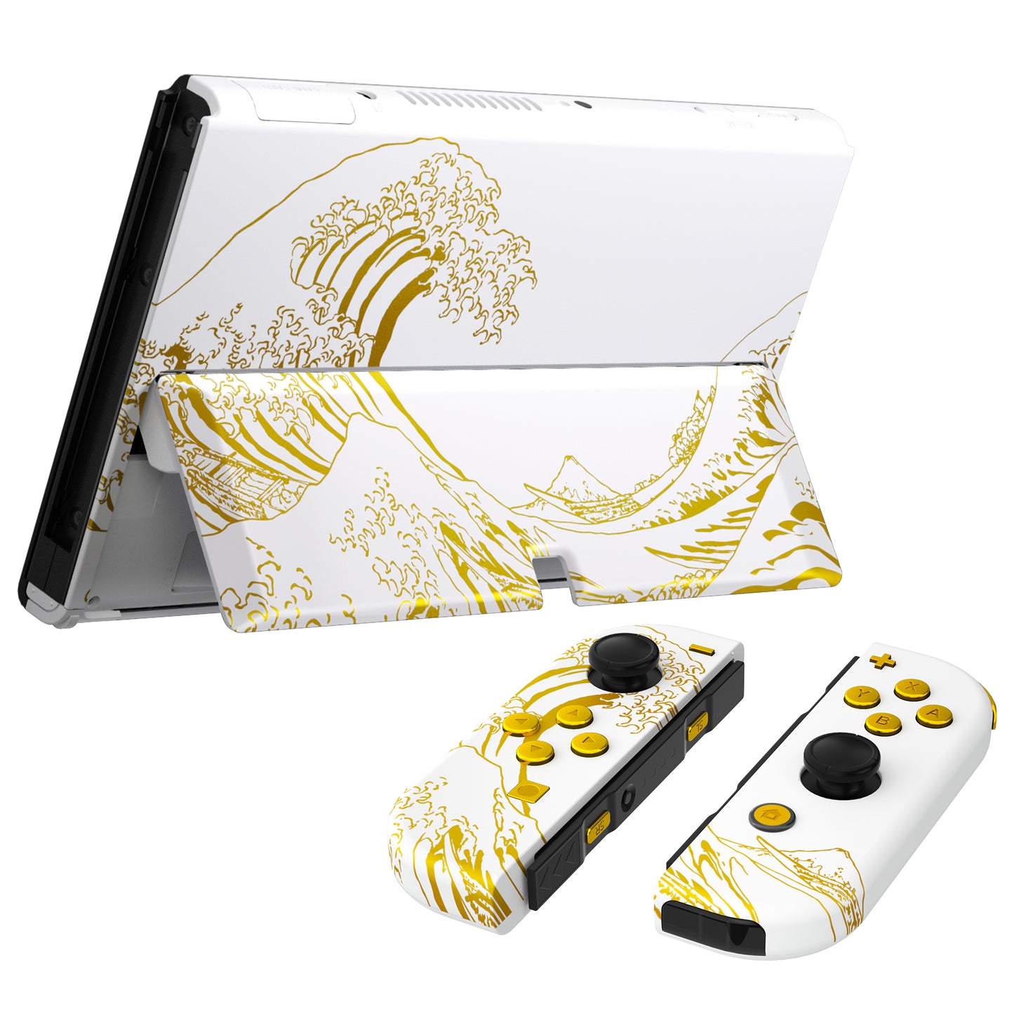 eXtremeRate Custom Replacement Full Set Shell with Buttons for Nintendo Switch OLED - The Great GOLDEN Wave Off Kanagawa - White eXtremeRate