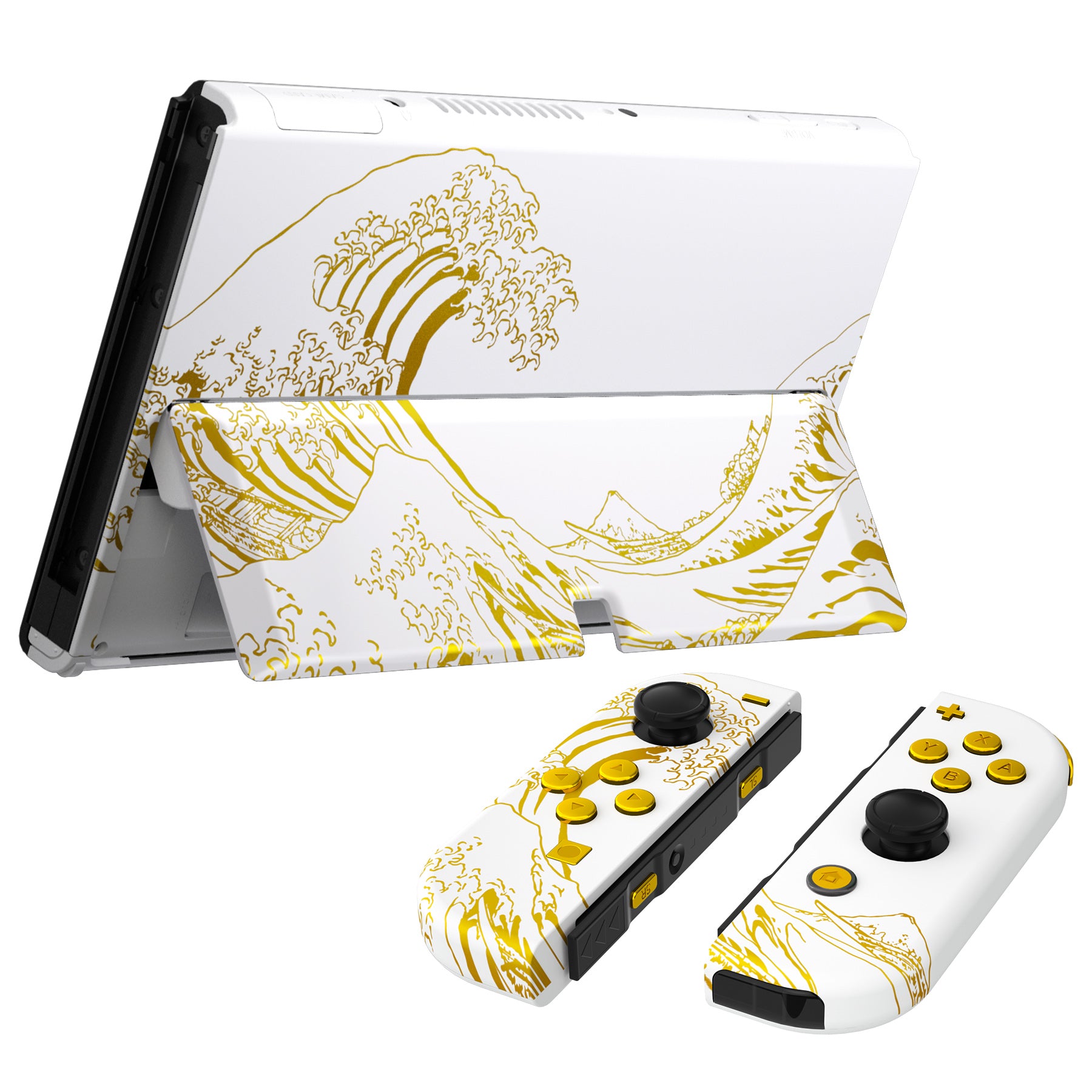 eXtremeRate Custom Replacement Full Set Shell with Buttons for Nintendo Switch OLED - The Great GOLDEN Wave Off Kanagawa - White eXtremeRate