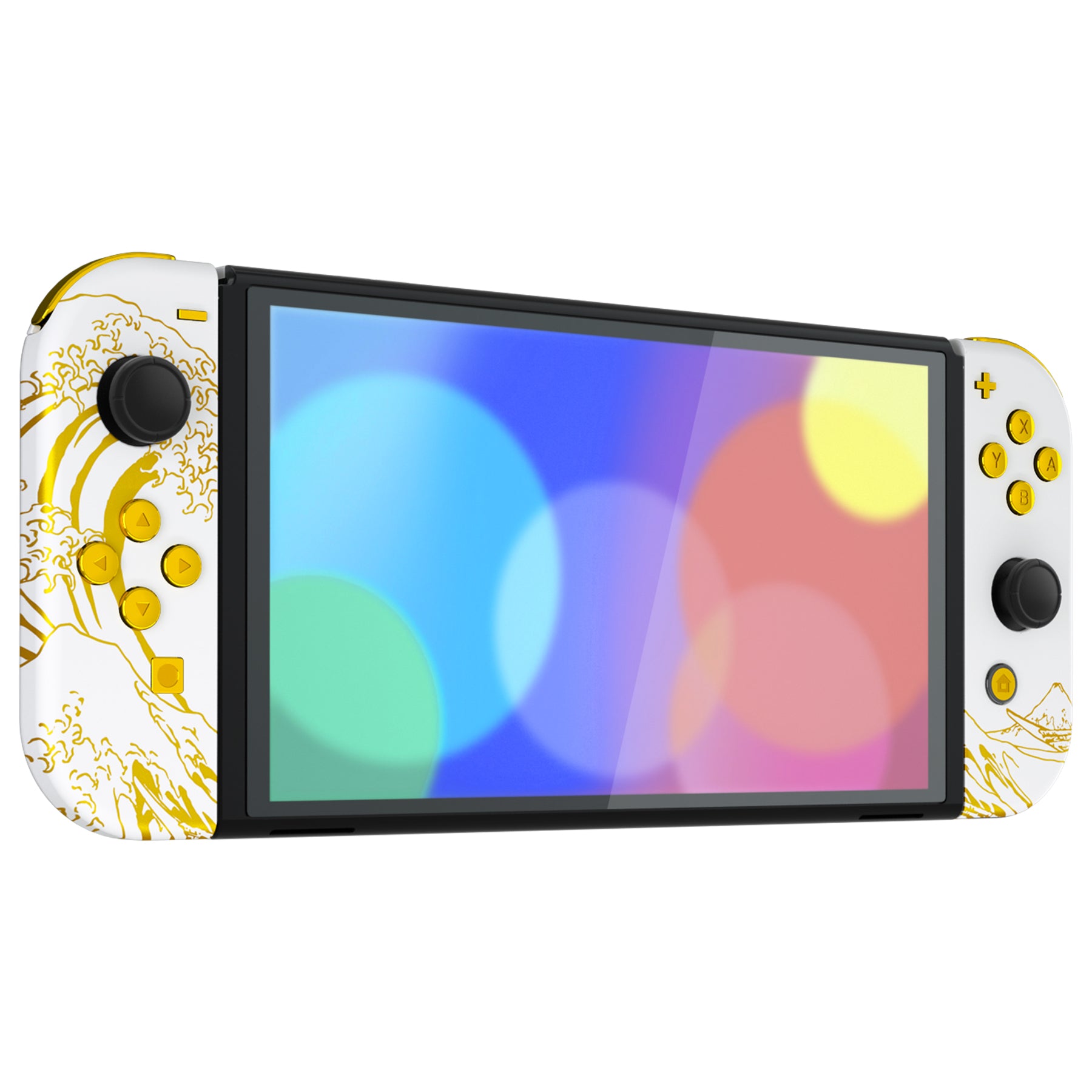 eXtremeRate Custom Replacement Full Set Shell with Buttons for Nintendo Switch OLED - The Great GOLDEN Wave Off Kanagawa - White eXtremeRate