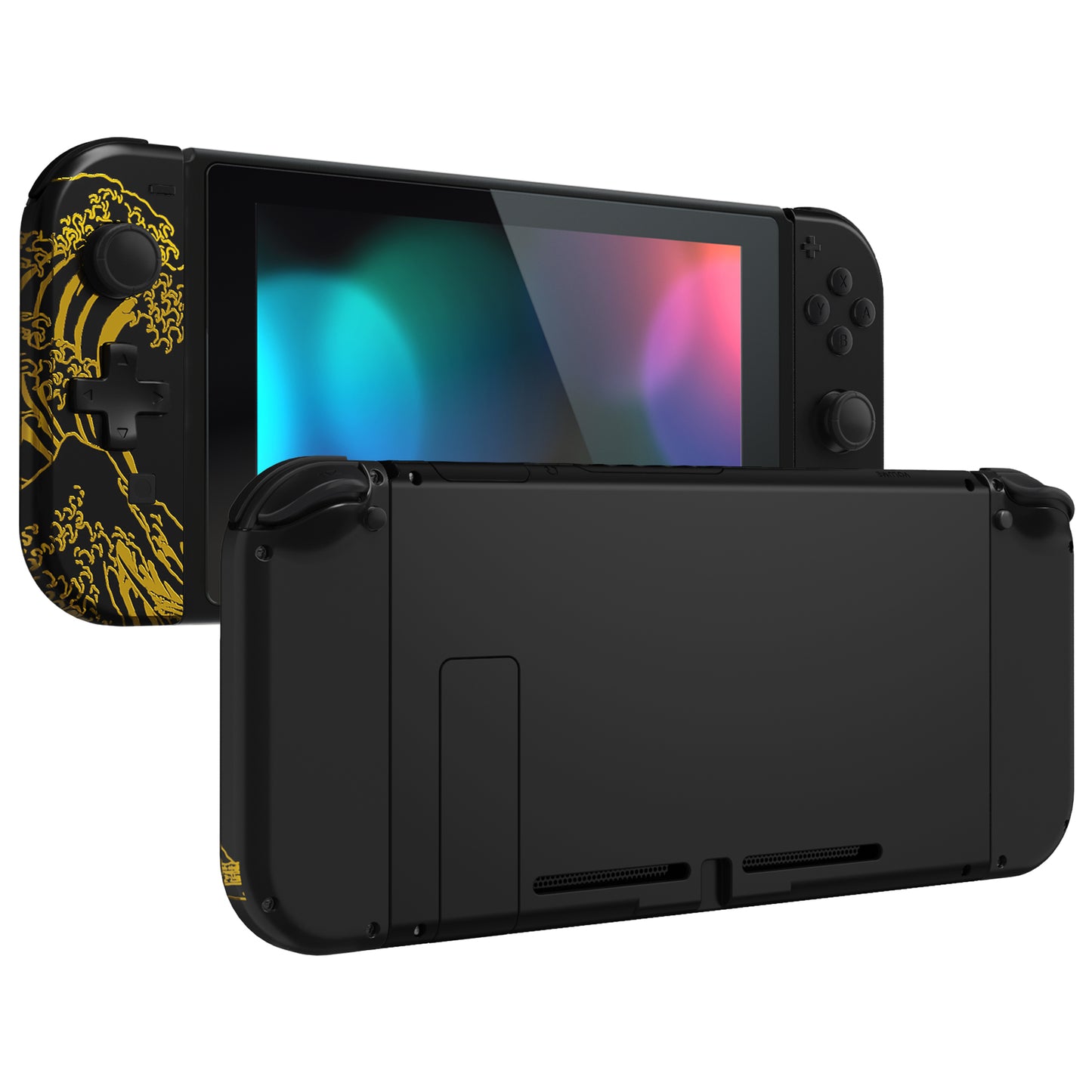 eXtremeRate Dpad Version Replacement Full Set Shell Case with Buttons for Joycon of NS Switch - The Great GOLDEN Wave Off Kanagawa - Black