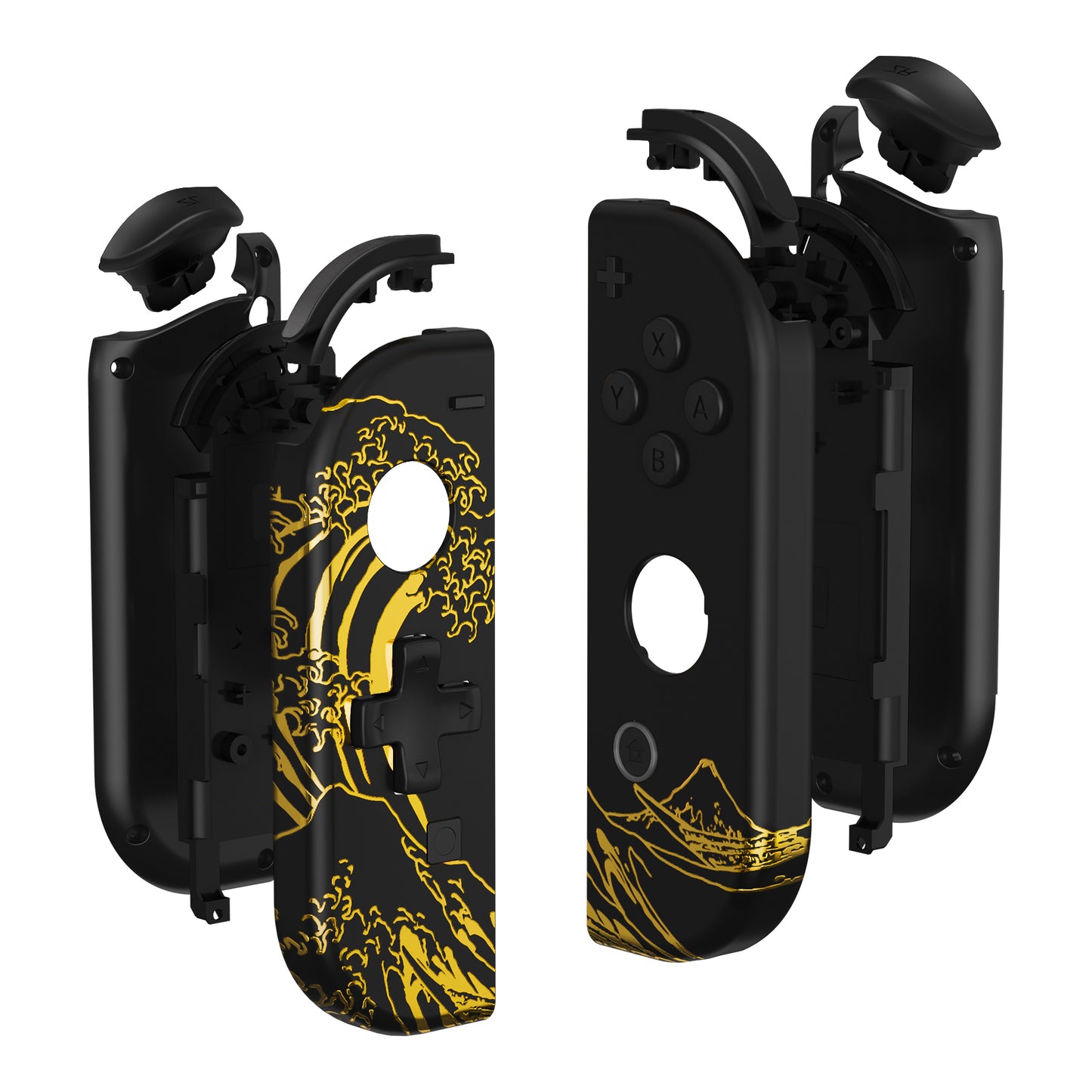 eXtremeRate Dpad Version Replacement Full Set Shell Case with Buttons for Joycon of NS Switch - The Great GOLDEN Wave Off Kanagawa - Black