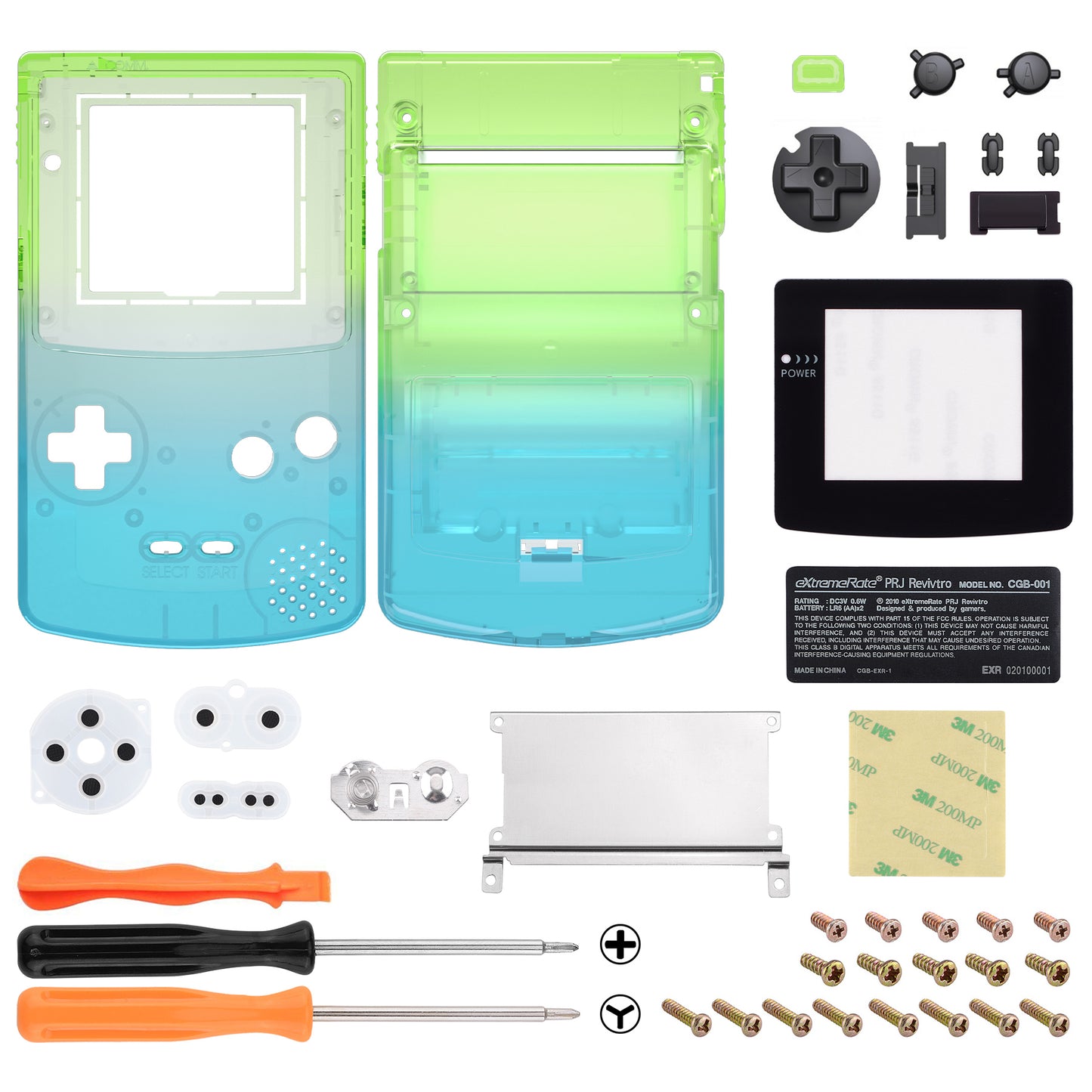 eXtremeRate IPS Ready Upgraded GBC Replacement Full Set Shells with Buttons for Gameboy Color, Compatible with GBC OSD IPS & Regular IPS & Standard LCD - Gradient Translucent Green Blue