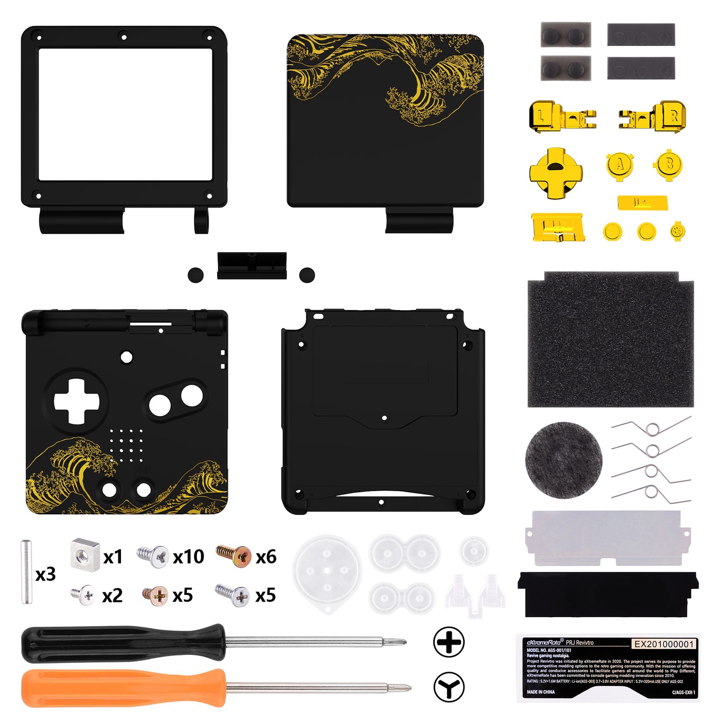 eXtremeRate IPS Ready Upgraded Replacement Full Set Shells with Buttons for Gameboy Advance SP GBA SP, Compatible with Both IPS & Standard LCD - The Great GOLDEN Wave Off Kanagawa - Black