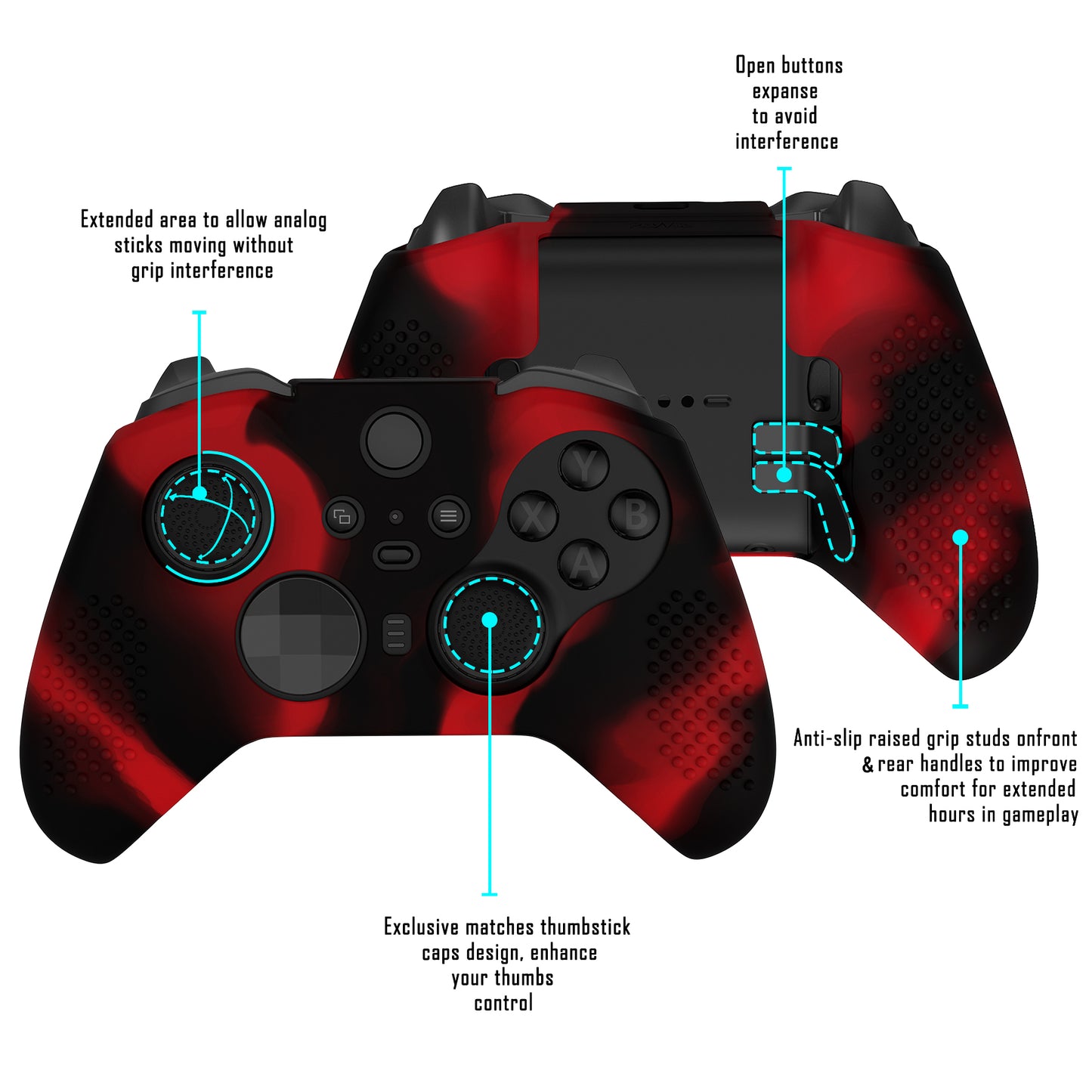 eXtremeRate PlayVital Protective Anti-Slip Silicone Case with Thumb Grips Caps for Xbox One Elite Series 2 & Elite 2 Core Controller - Black & Red