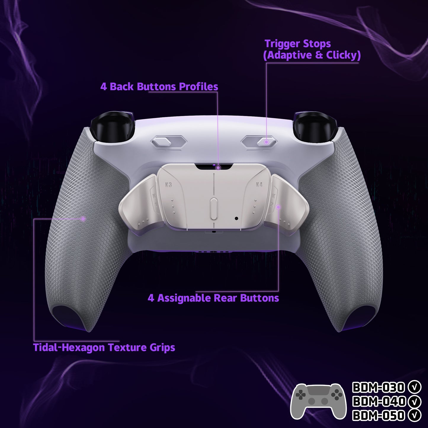 eXtremeRate Real Metal Buttons (RMB) Version RISE4 Plus MAX Back Paddles Kit with Clicky Trigger Stops & Rubberized Grip for PS5 Controller BDM-030/040 /050 - Rubberized White Gray - Silver