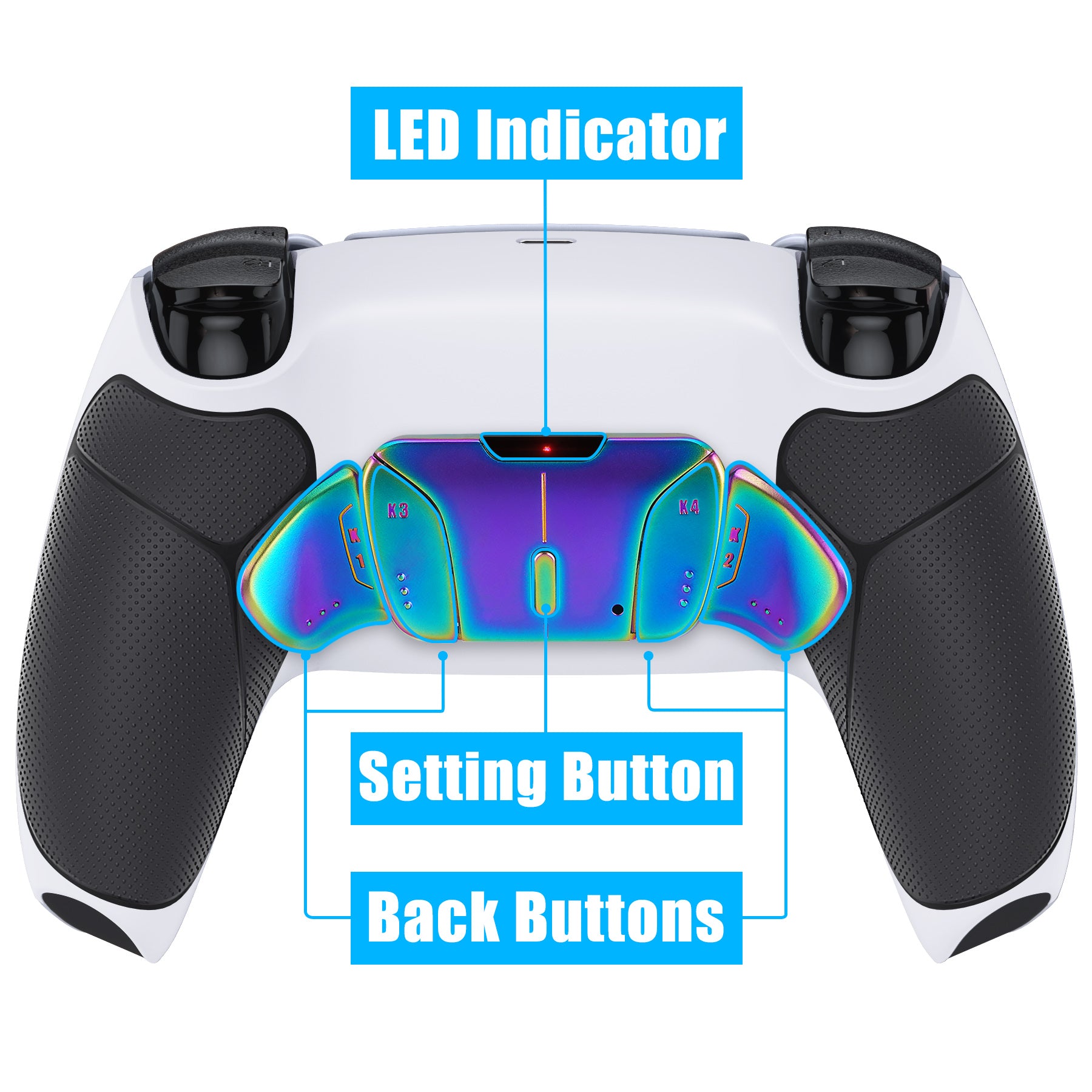 eXtremeRate Rainbow Aura Blue & Purple Real Metal Buttons (RMB) Version RISE 4.0 Remap Kit for PS5 Controller BDM-030/040 - Rubberized White Black eXtremeRate