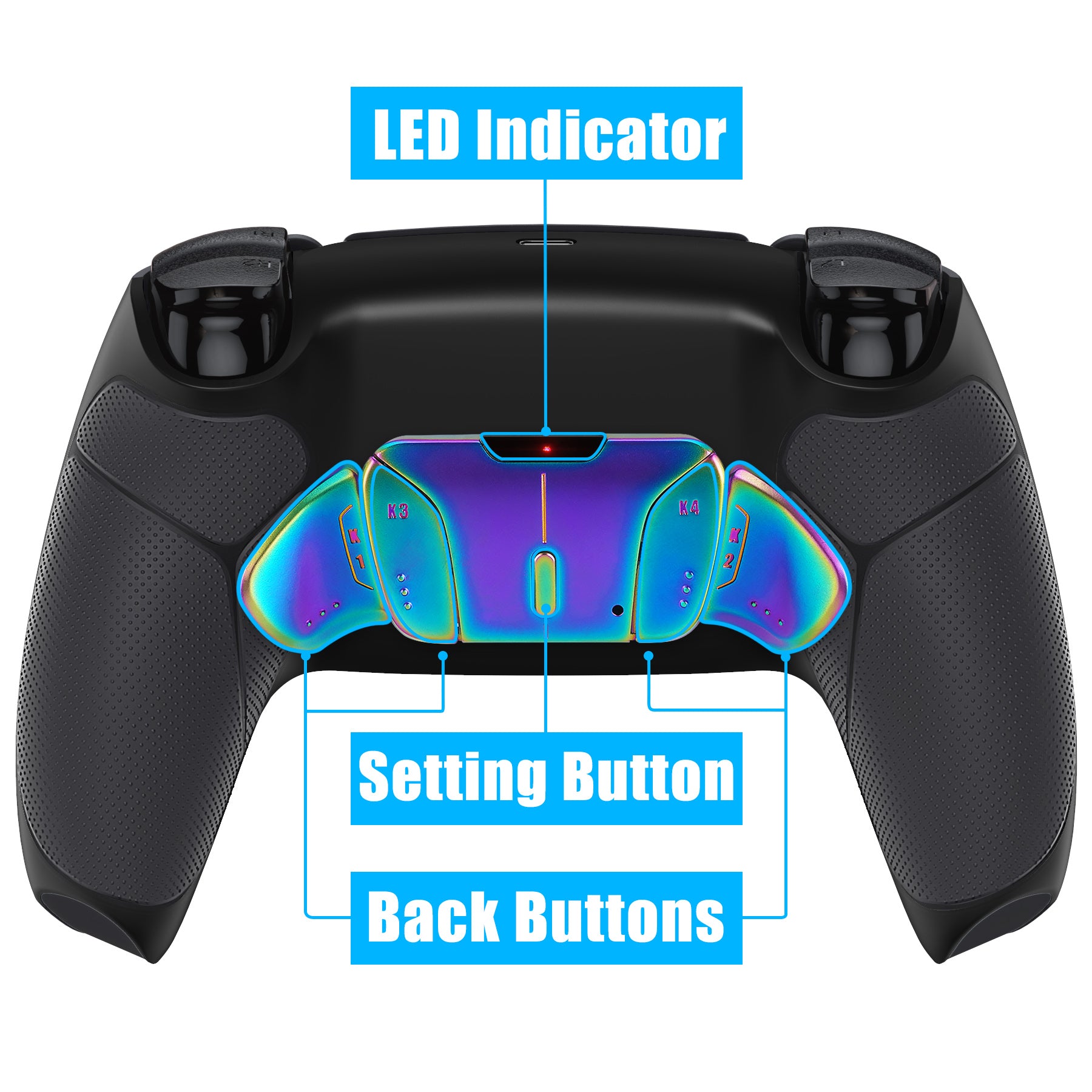 eXtremeRate Rainbow Aura Blue & Purple Real Metal Buttons (RMB) Version RISE4 Remap Kit for PS5 Controller BDM-010/020 - Rubberized Black eXtremeRate