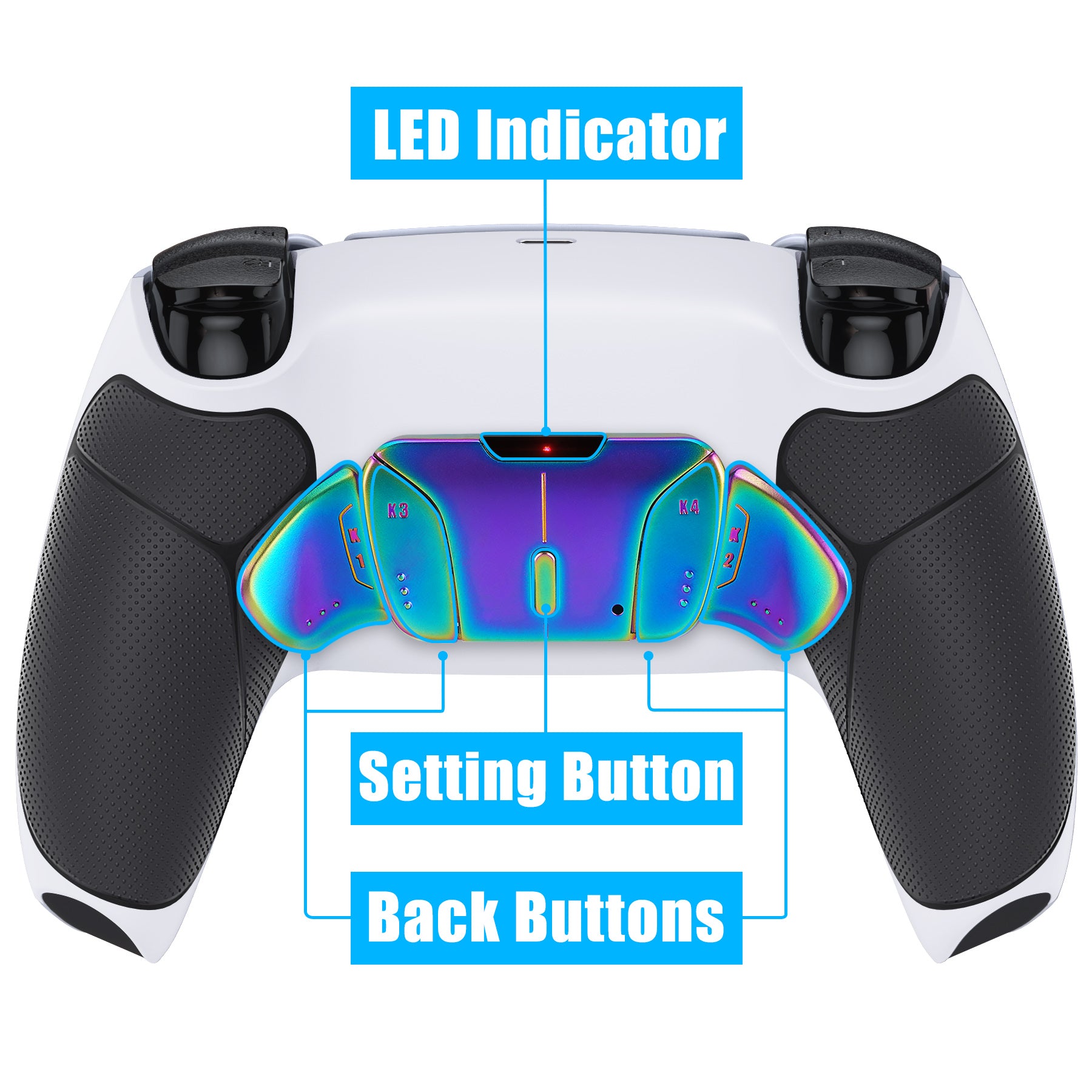 eXtremeRate Rainbow Aura Blue & Purple Real Metal Buttons (RMB) Version RISE4 Remap Kit for PS5 Controller BDM-010/020 - Rubberized White Black eXtremeRate
