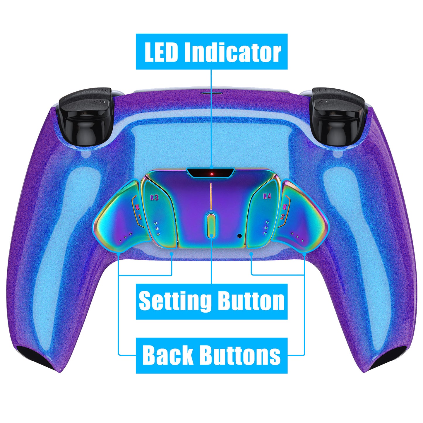 eXtremeRate Rainbow Aura Blue & Purple Real Metal Buttons (RMB) Version RISE4 V3 Remap Kit for PS5 Controller BDM-030/040/050 - Chameleon Purple Blue