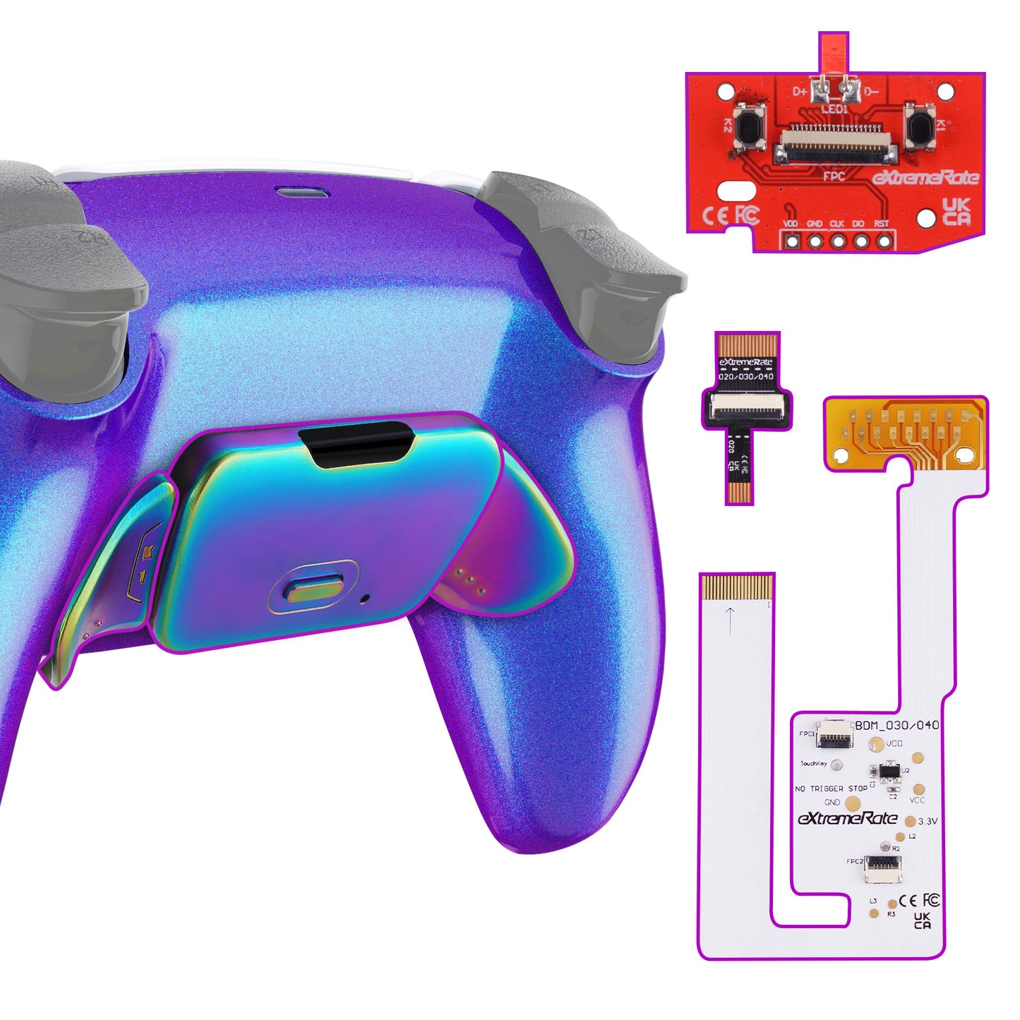 eXtremeRate Rainbow Aura Blue & Purple Real Metal Buttons (RMB) Version RISE V3 Remap Kit for PS5 Controller BDM-030/040/050 - Chameleon Purple Blue