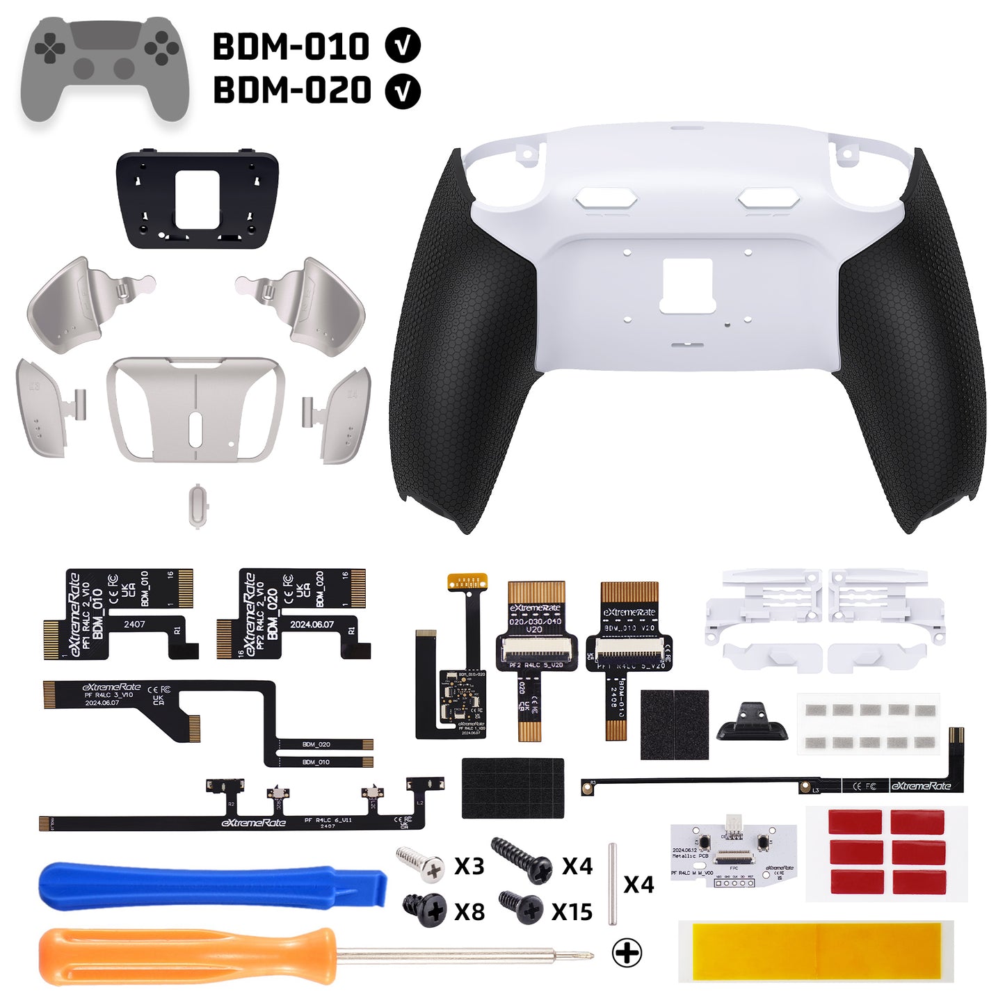 eXtremeRate Real Metal Buttons (RMB) Version RISE4 Plus MAX Back Paddles Kit with Clicky Trigger Stops & Rubberized Grip for PS5 Controller BDM-010/020 - Rubberized White Black - Silver