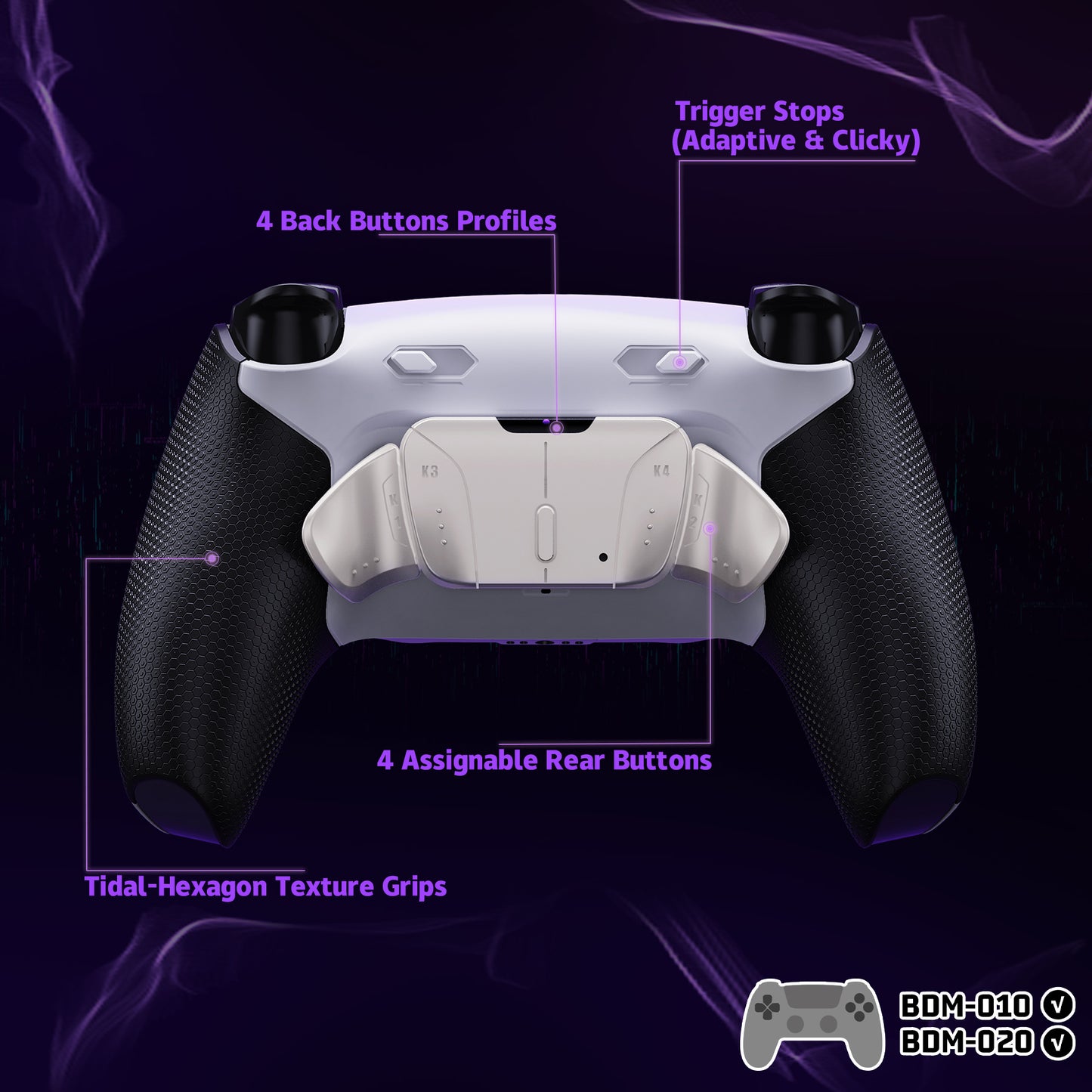 eXtremeRate Real Metal Buttons (RMB) Version RISE4 Plus MAX Back Paddles Kit with Clicky Trigger Stops & Rubberized Grip for PS5 Controller BDM-010/020 - Rubberized White Black - Silver