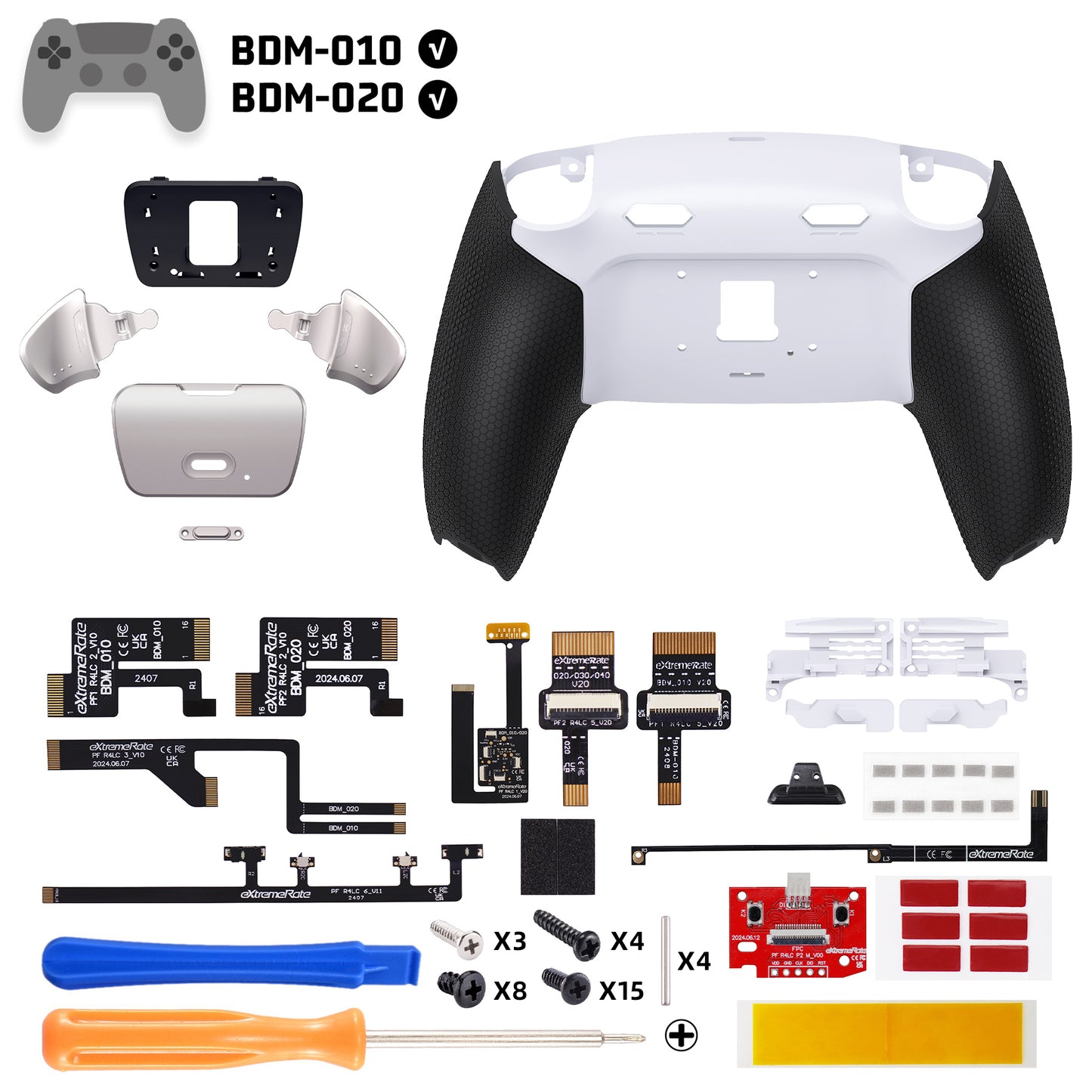 eXtremeRate Real Metal Buttons (RMB) Version RISE Plus MAX Back Paddles Kit with Clicky Trigger Stops & Rubberized Grip for PS5 Controller BDM-010/020 - Rubberized White Black - Silver