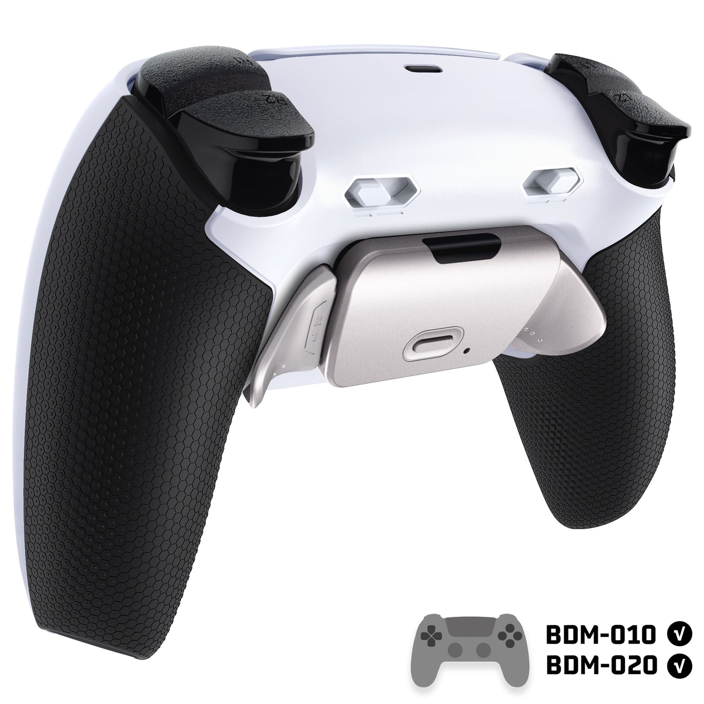 eXtremeRate Real Metal Buttons (RMB) Version RISE Plus MAX Back Paddles Kit with Clicky Trigger Stops & Rubberized Grip for PS5 Controller BDM-010/020 - Rubberized White Black - Silver