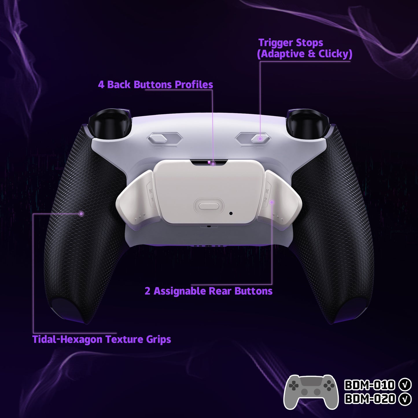 eXtremeRate Real Metal Buttons (RMB) Version RISE Plus MAX Back Paddles Kit with Clicky Trigger Stops & Rubberized Grip for PS5 Controller BDM-010/020 - Rubberized White Black - Silver