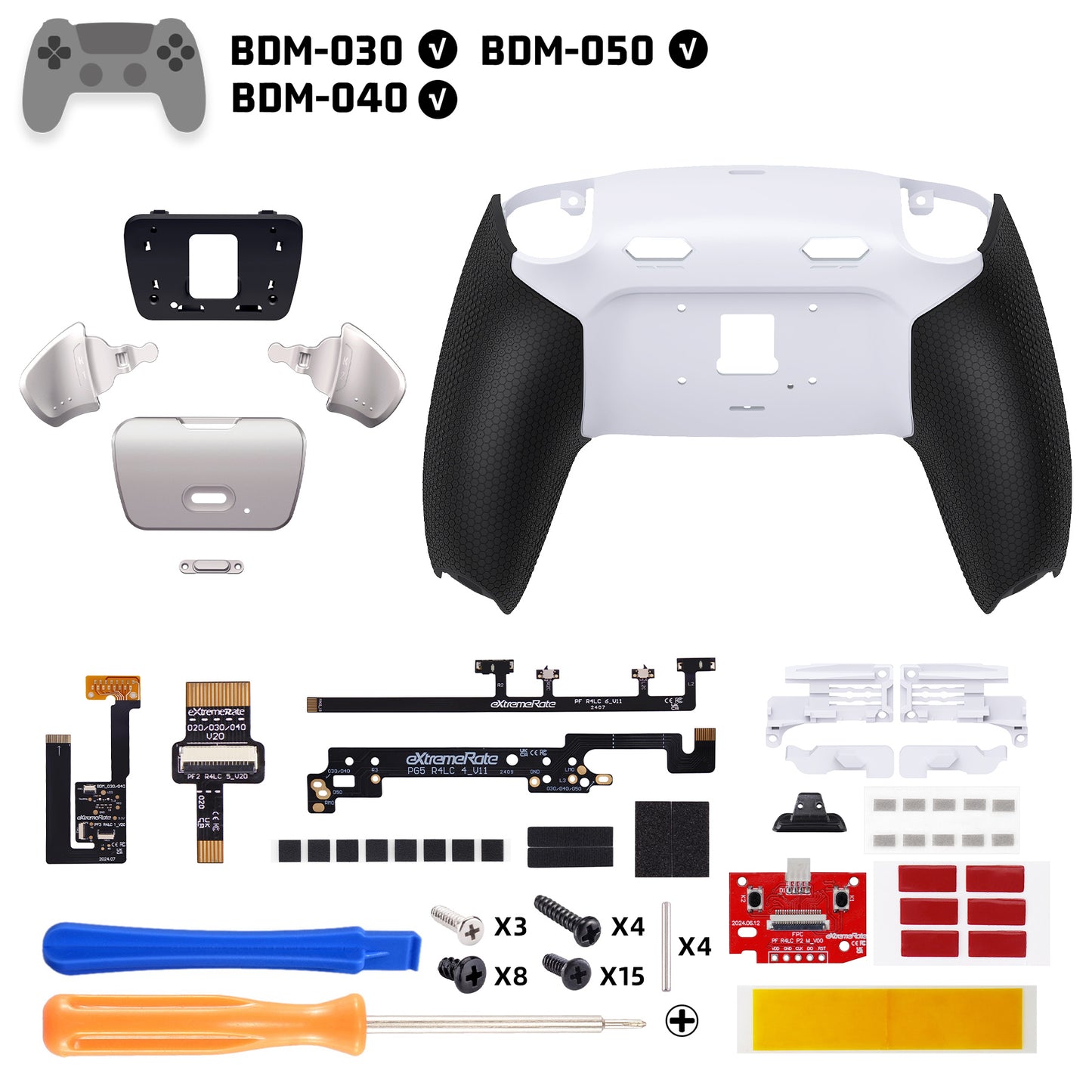 eXtremeRate Real Metal Buttons (RMB) Version RISE Plus MAX Back Paddles Kit with Clicky Trigger Stops & Rubberized Grip for PS5 Controller BDM-030/040 /050 - Rubberized White Black - Silver