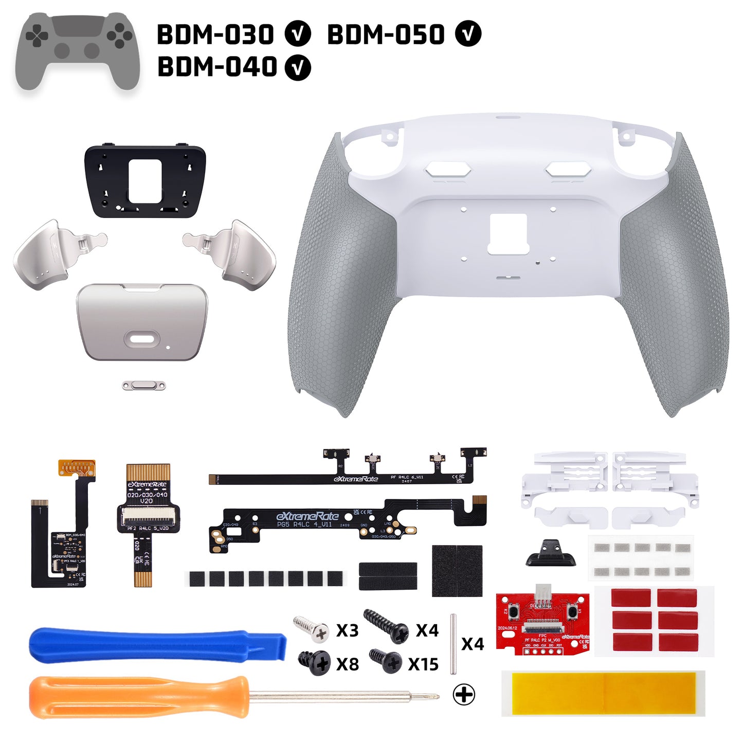 eXtremeRate Real Metal Buttons (RMB) Version RISE Plus MAX Back Paddles Kit with Clicky Trigger Stops & Rubberized Grip for PS5 Controller BDM-030/040 /050 - Rubberized White Gray - Silver