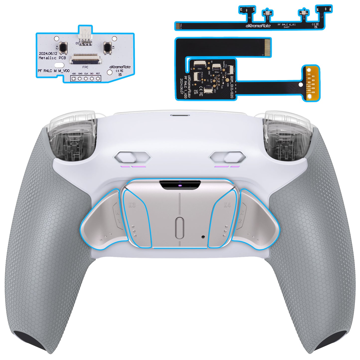 eXtremeRate Real Metal Buttons (RMB) Version RISE4 Plus MAX Back Paddles Kit with Clicky Trigger Stops & Rubberized Grip for PS5 Controller BDM-010/020 - Rubberized White Gray - Silver