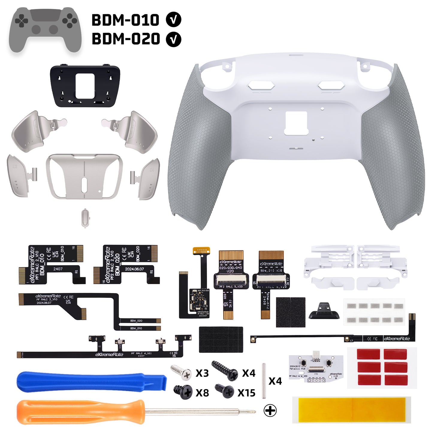 eXtremeRate Real Metal Buttons (RMB) Version RISE4 Plus MAX Back Paddles Kit with Clicky Trigger Stops & Rubberized Grip for PS5 Controller BDM-010/020 - Rubberized White Gray - Silver