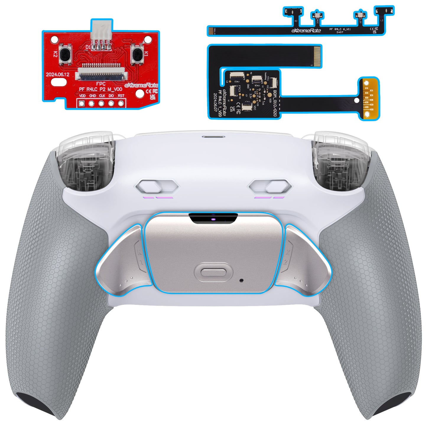 eXtremeRate Real Metal Buttons (RMB) Version RISE Plus MAX Back Paddles Kit with Clicky Trigger Stops & Rubberized Grip for PS5 Controller BDM-010/020 - Rubberized White Gray - Silver