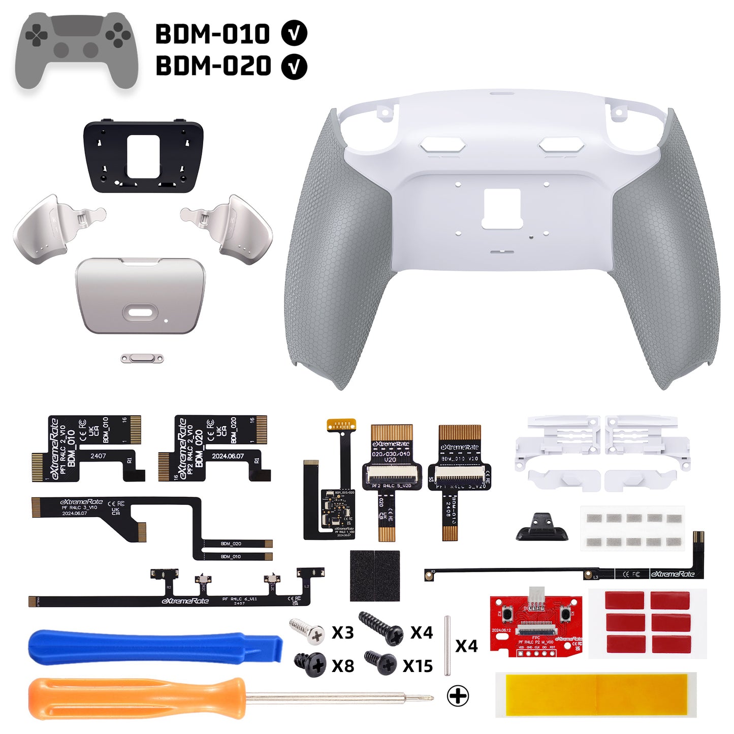 eXtremeRate Real Metal Buttons (RMB) Version RISE Plus MAX Back Paddles Kit with Clicky Trigger Stops & Rubberized Grip for PS5 Controller BDM-010/020 - Rubberized White Gray - Silver