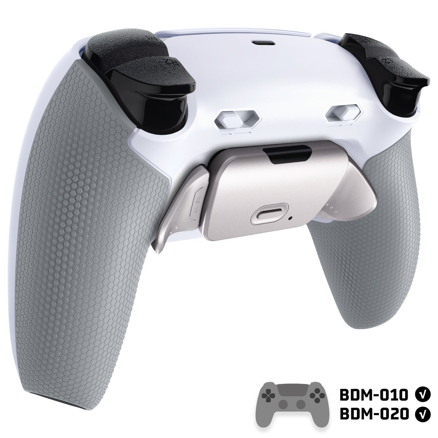 eXtremeRate Real Metal Buttons (RMB) Version RISE Plus MAX Back Paddles Kit with Clicky Trigger Stops & Rubberized Grip for PS5 Controller BDM-010/020 - Rubberized White Gray - Silver