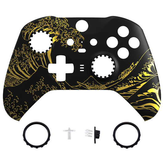 eXtremeRate Replacement Front Housing Shell Case with Accent Rings for Xbox One Elite Series 2 & Elite 2 Core Controller (Model 1797) - The Great GOLDEN Wave Off Kanagawa - Black eXtremeRate