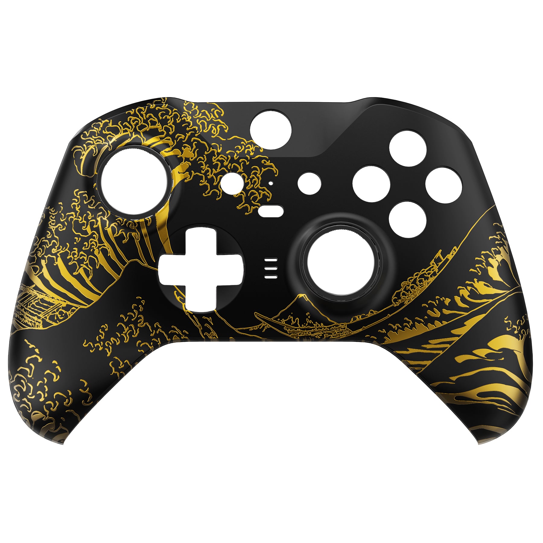 eXtremeRate Replacement Front Housing Shell Case with Accent Rings for Xbox One Elite Series 2 & Elite 2 Core Controller (Model 1797) - The Great GOLDEN Wave Off Kanagawa - Black eXtremeRate
