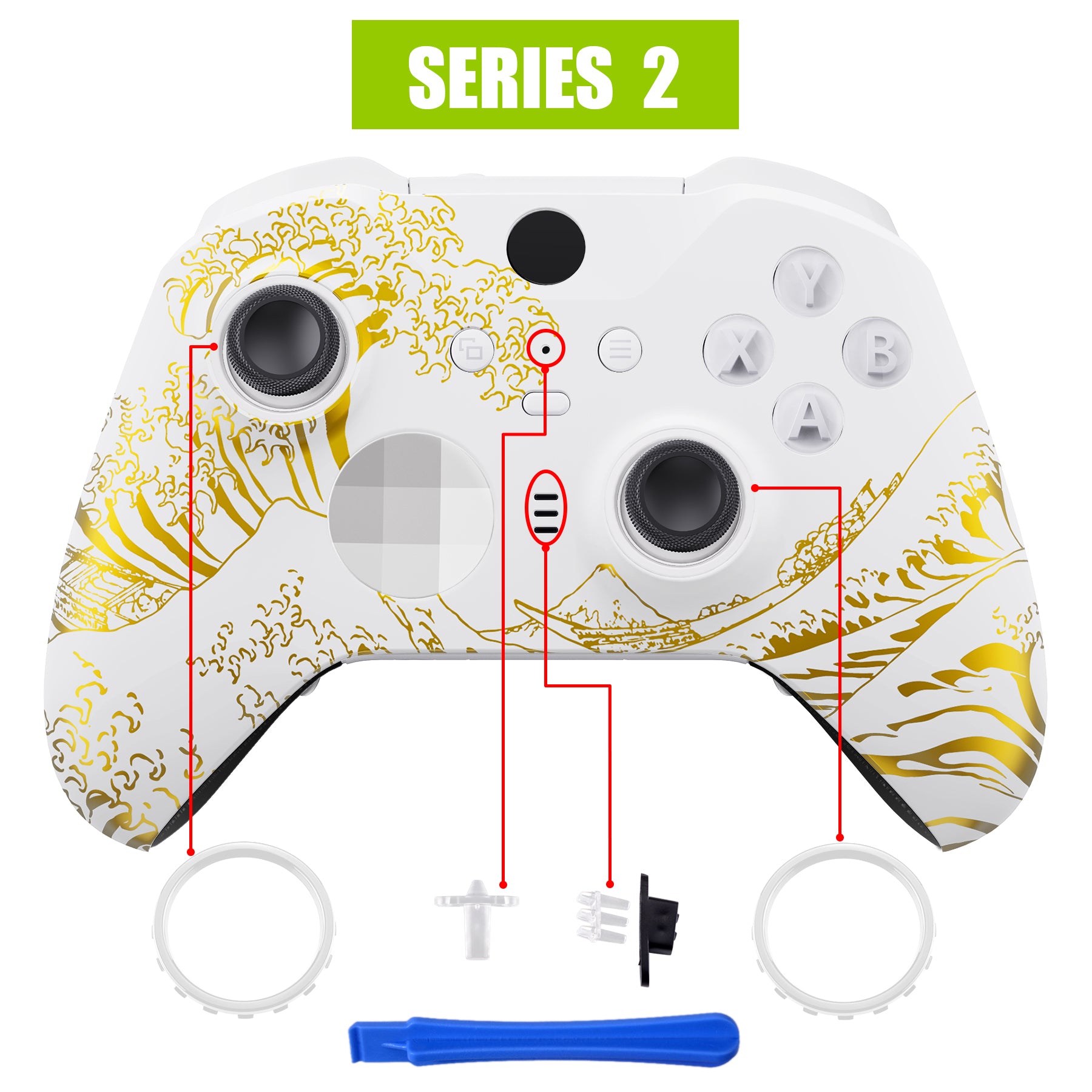 eXtremeRate Replacement Front Housing Shell Case with Accent Rings for Xbox One Elite Series 2 & Elite 2 Core Controller (Model 1797) - The Great GOLDEN Wave Off Kanagawa - White eXtremeRate