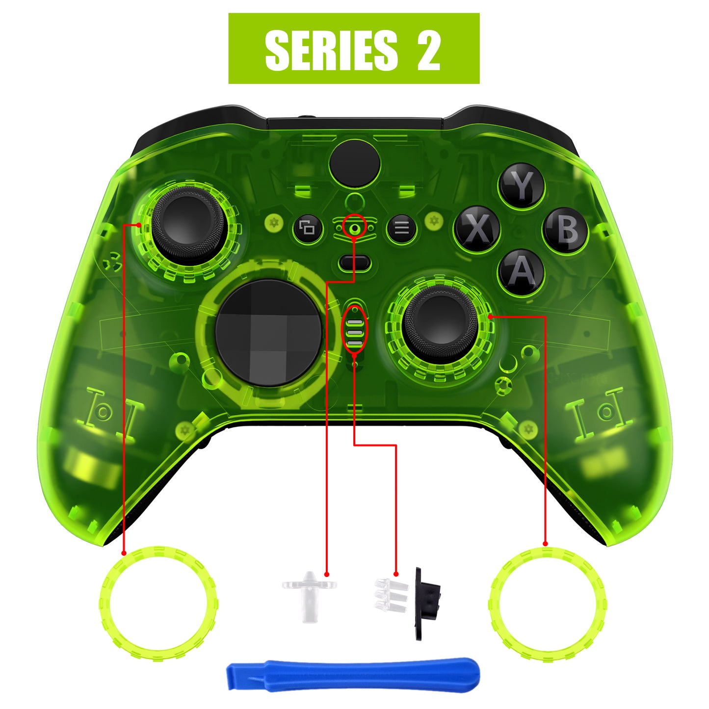 eXtremeRate Replacement Front Housing Shell Case with Accent Rings for Xbox One Elite Series 2 & Elite 2 Core Controller (Model 1797) - Clear Lime Green