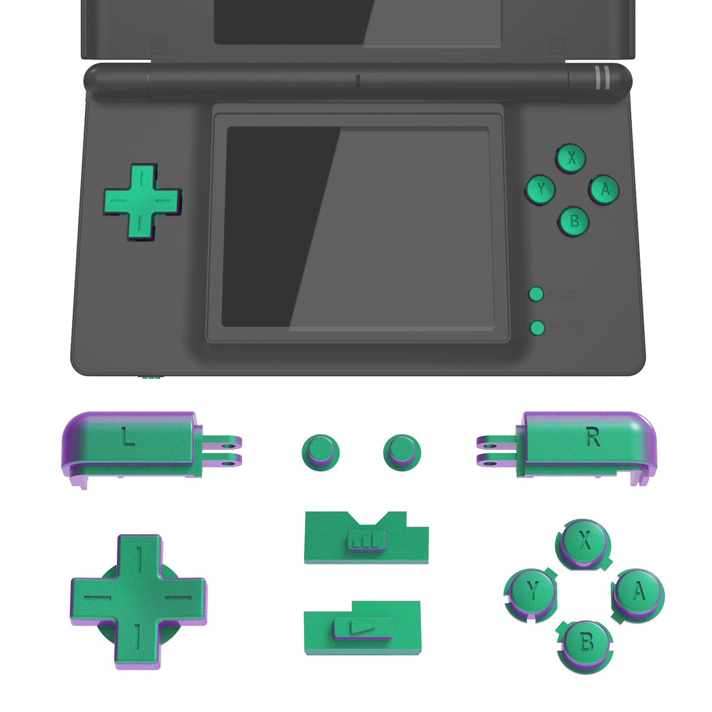 eXtremeRate Replacement Full Set Buttons for Nintendo DS Lite NDSL - Chameleon Green Purple