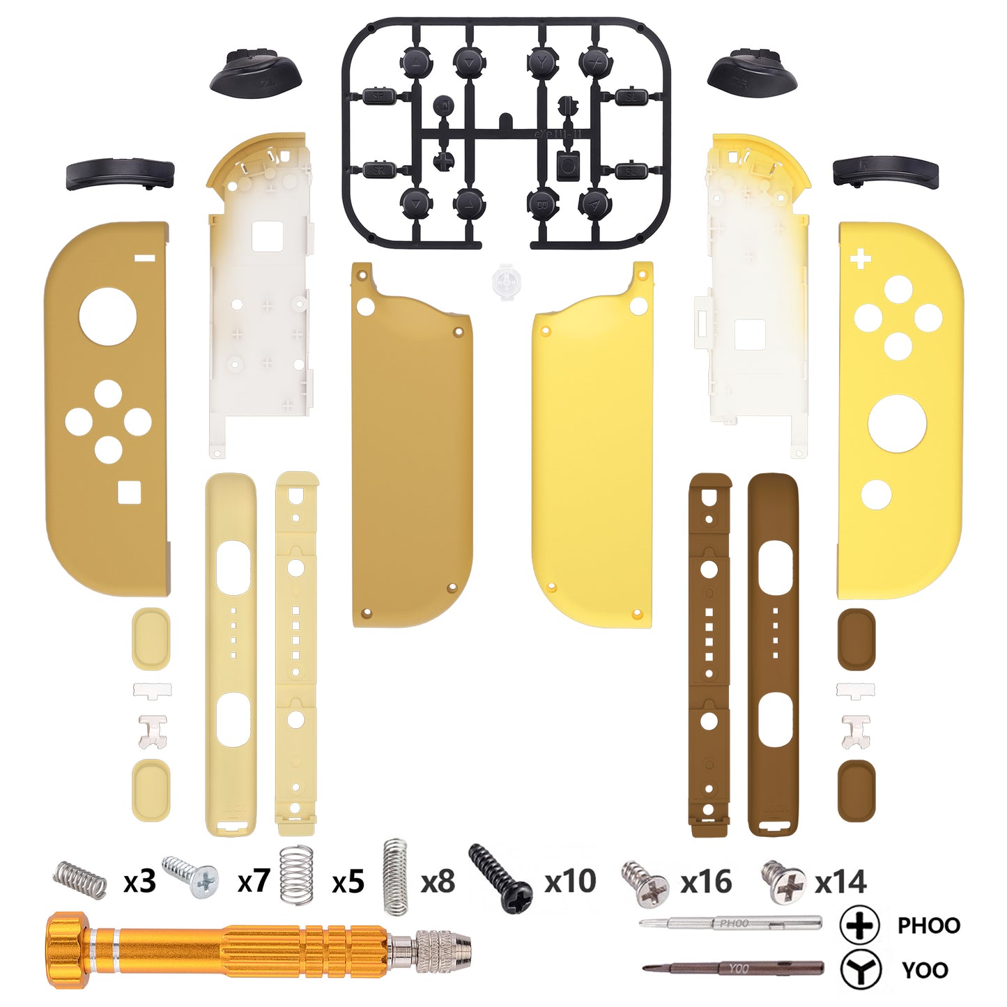 eXtremeRate Replacement Full Set Shell Case with Buttons & Wrist Strap Cover for Joycon of NS Switch - Monsters Brown & Yellow