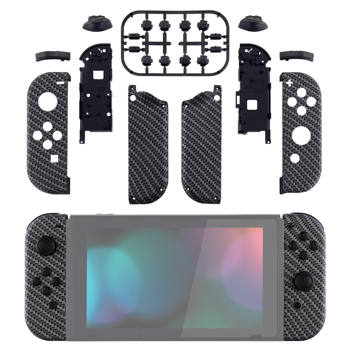 eXtremeRate Replacement Full Set Shell Case with Buttons for Joycon of NS Switch - Black Silver Carbon Fiber