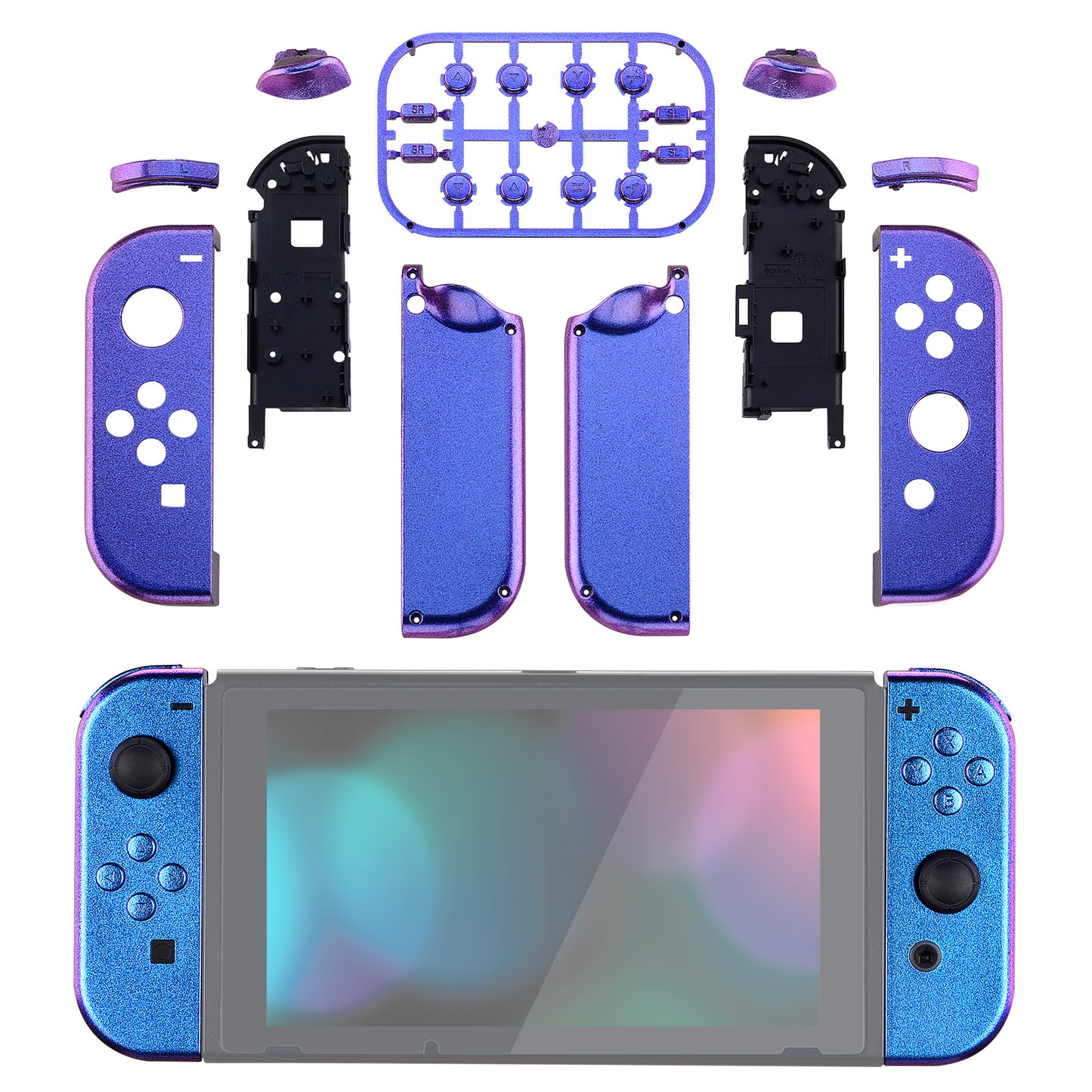 eXtremeRate Replacement Full Set Shell Case with Buttons for Joycon of NS Switch - Chameleon Purple Blue