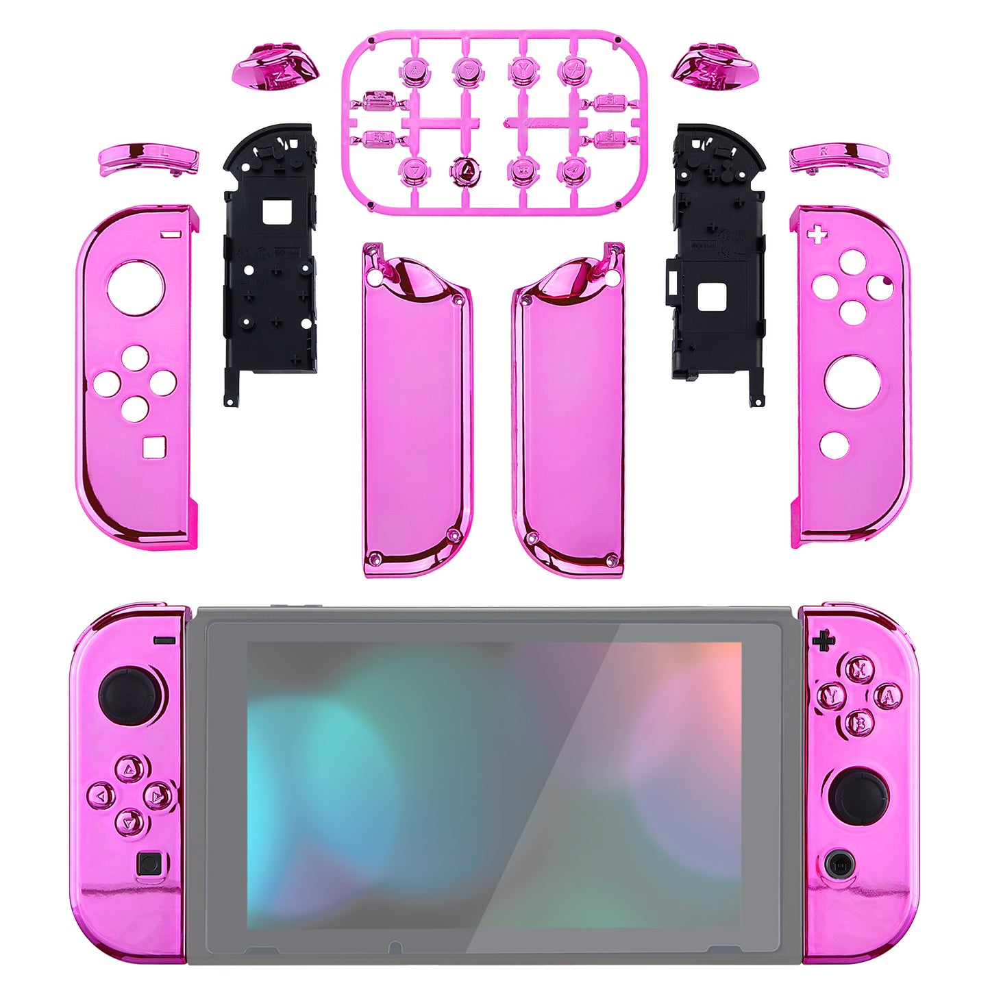 eXtremeRate Replacement Full Set Shell Case with Buttons for Joycon of NS Switch - Chrome Pink Glossy