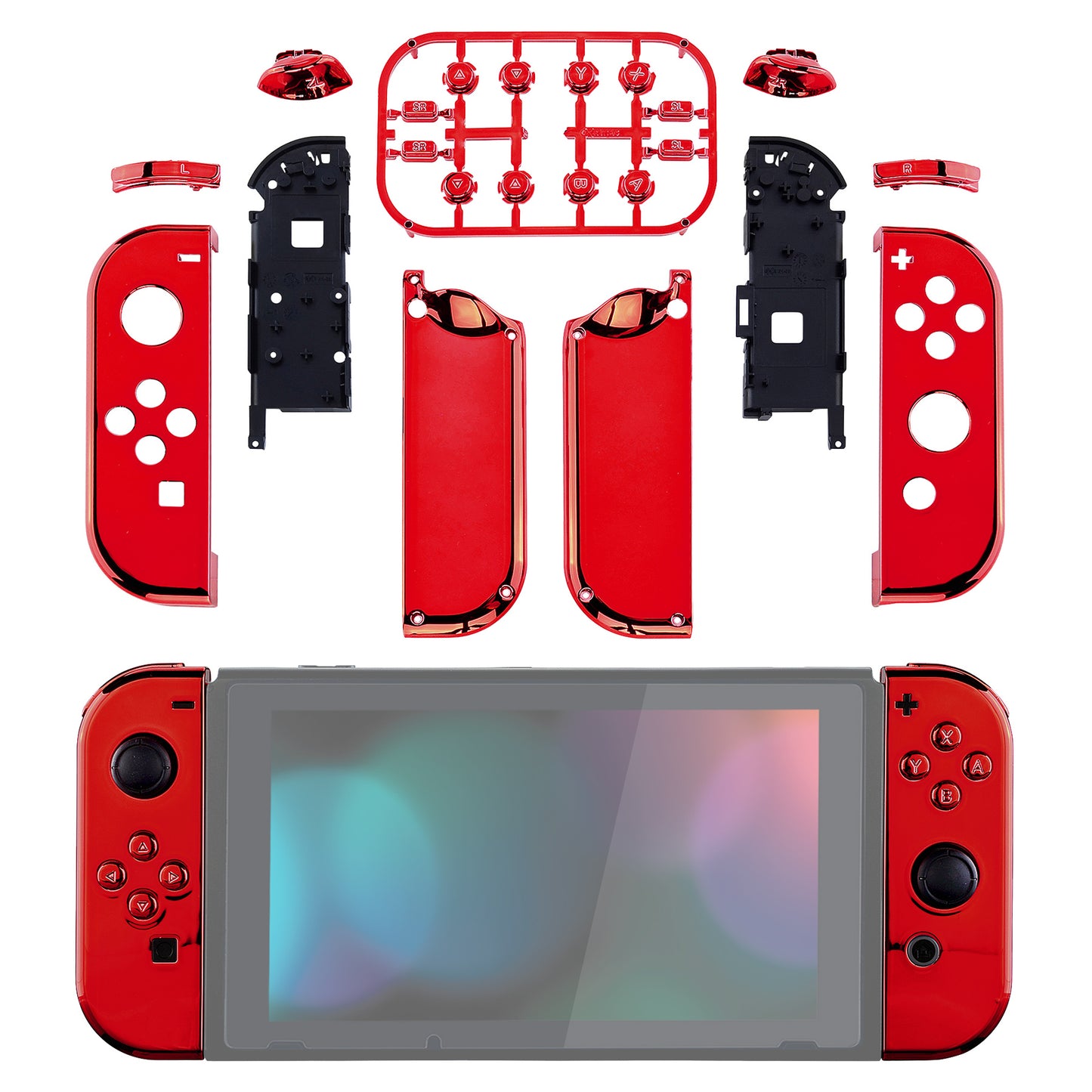 eXtremeRate Replacement Full Set Shell Case with Buttons for Joycon of NS Switch - Chrome Red