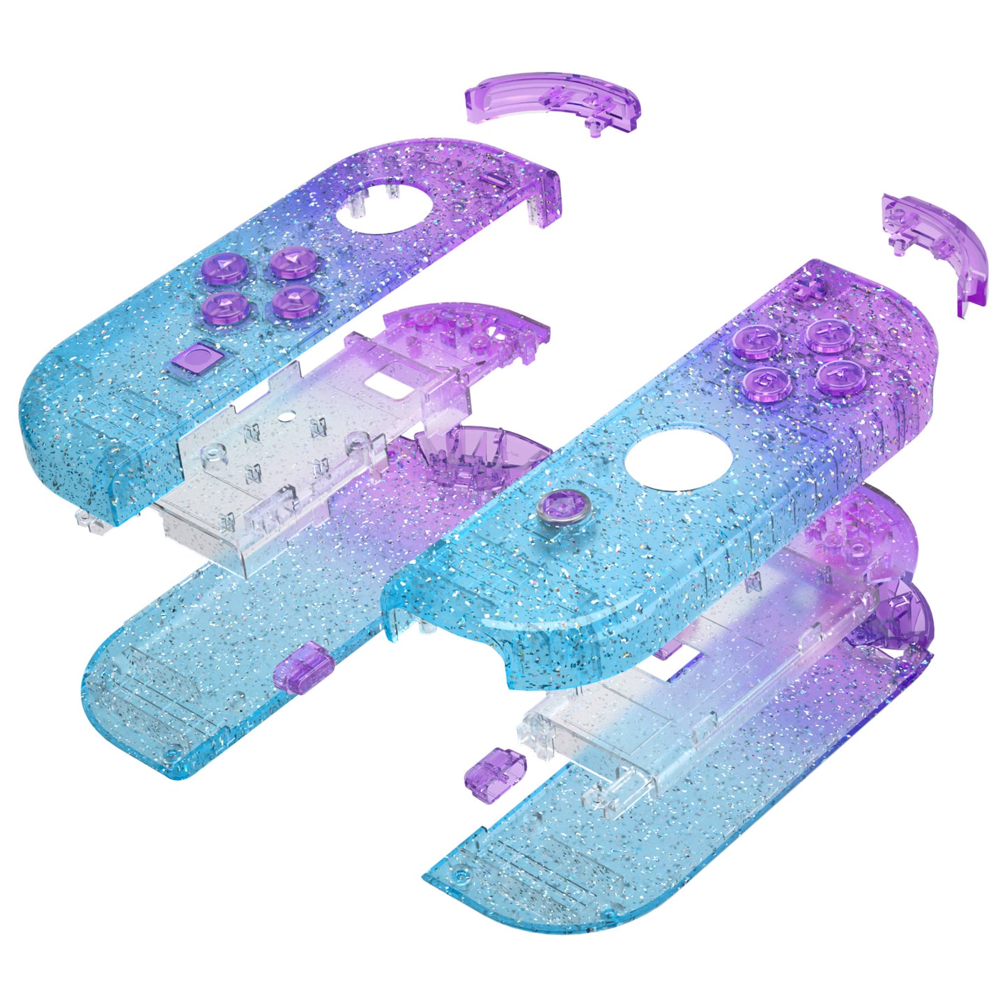 eXtremeRate Replacement Full Set Shell Case with Buttons for Joycon of NS Switch - Glitter Gradient Translucent Bluebell & Blue