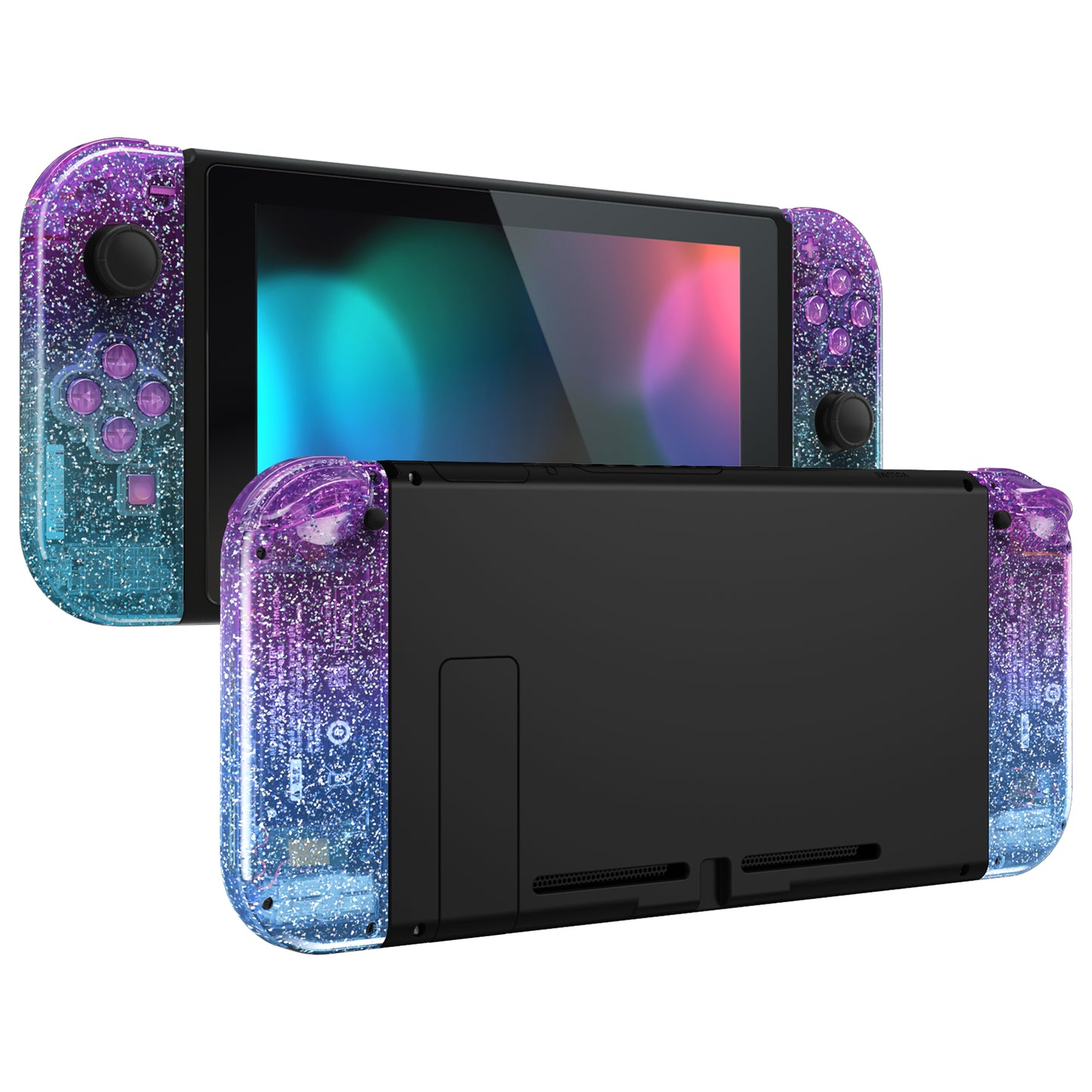 eXtremeRate Replacement Full Set Shell Case with Buttons for Joycon of NS Switch - Glitter Gradient Translucent Bluebell & Blue