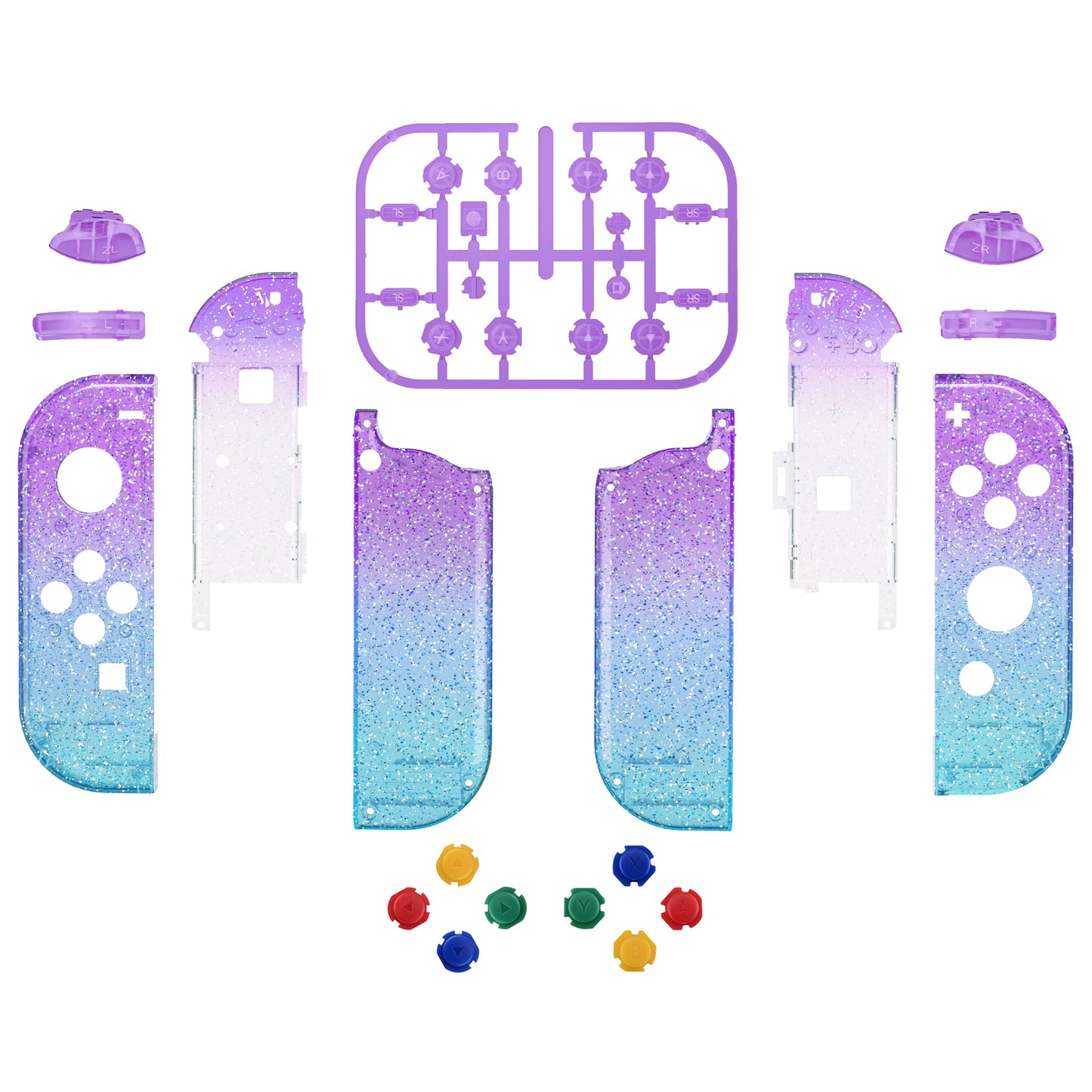 eXtremeRate Replacement Full Set Shell Case with Buttons for Joycon of NS Switch - Glitter Gradient Translucent Bluebell & Blue