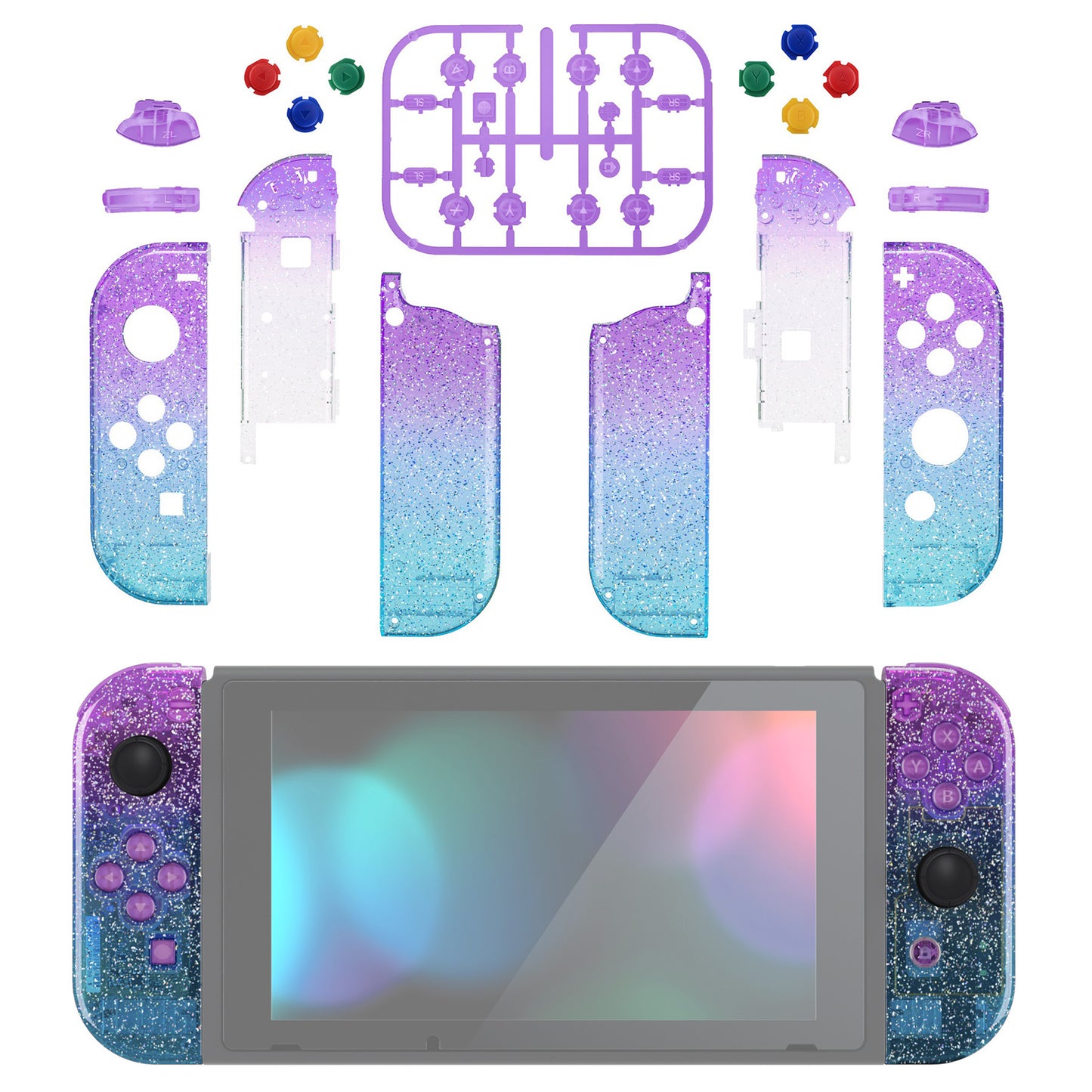 eXtremeRate Replacement Full Set Shell Case with Buttons for Joycon of NS Switch - Glitter Gradient Translucent Bluebell & Blue