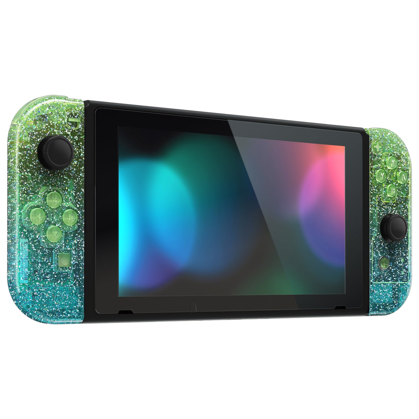 eXtremeRate Replacement Full Set Shell Case with Buttons for Joycon of NS Switch - Glitter Gradient Translucent Green Blue