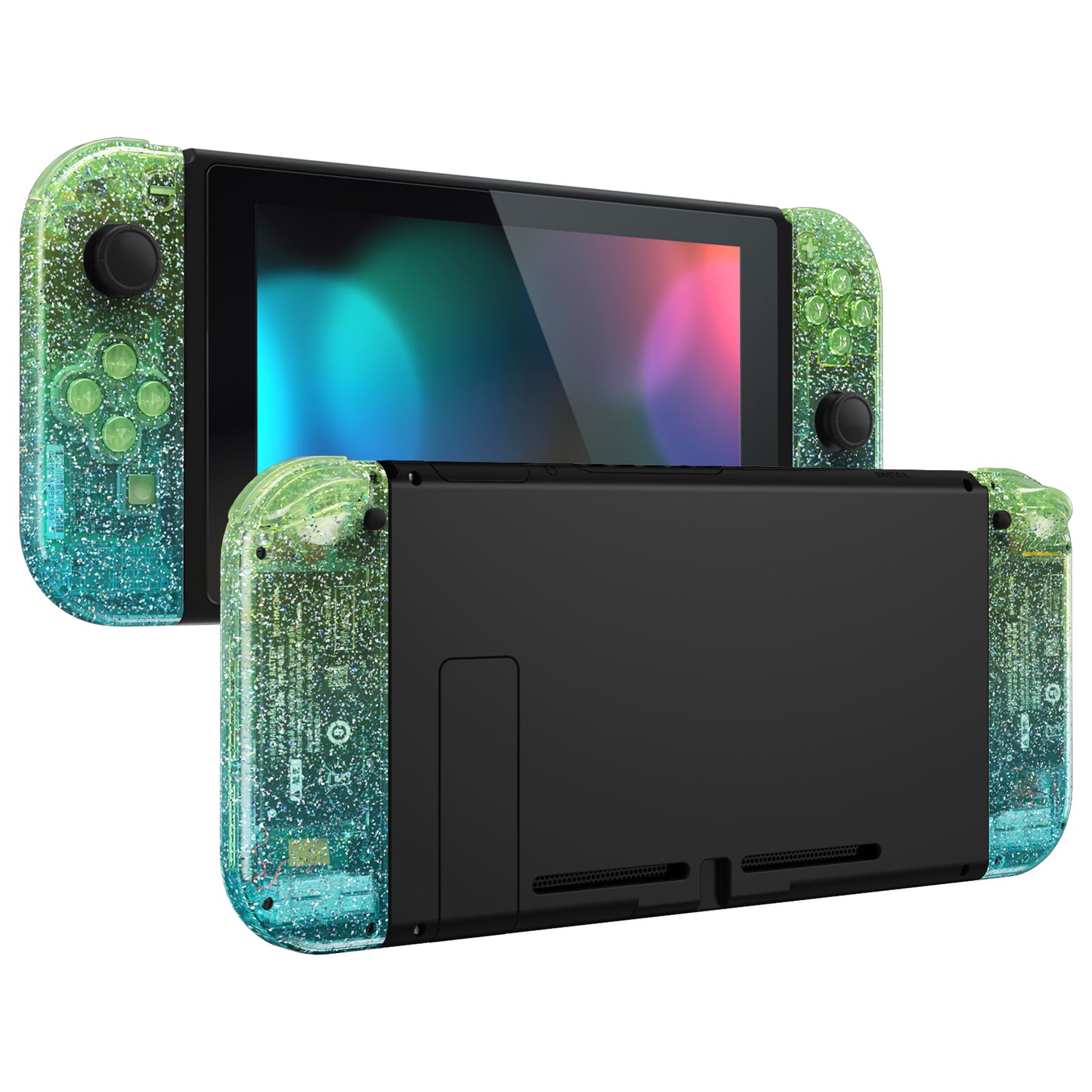 eXtremeRate Replacement Full Set Shell Case with Buttons for Joycon of NS Switch - Glitter Gradient Translucent Green Blue