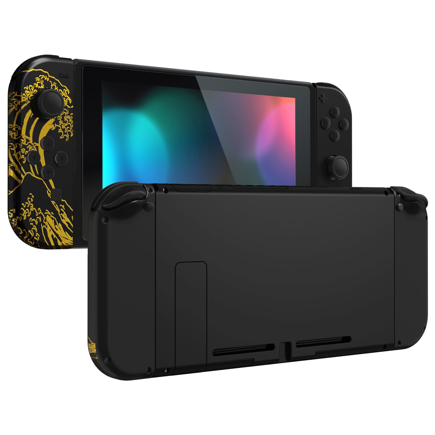 eXtremeRate Replacement Full Set Shell Case with Buttons for Joycon of NS Switch - The Great GOLDEN Wave Off Kanagawa - Black