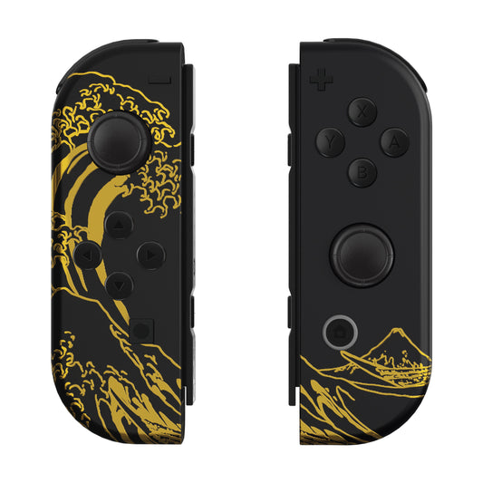 eXtremeRate Replacement Full Set Shell Case with Buttons for Joycon of NS Switch - The Great GOLDEN Wave Off Kanagawa - Black