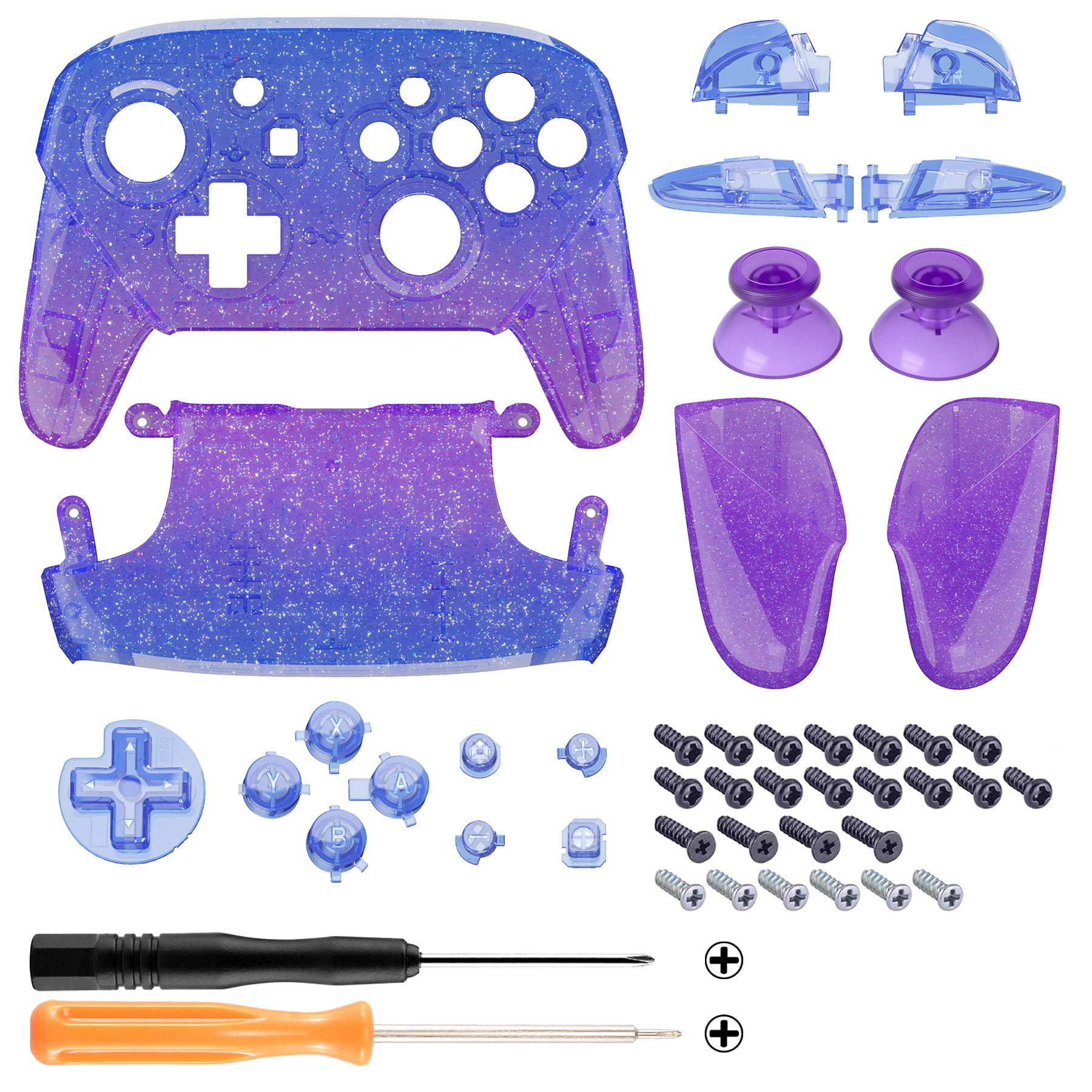 eXtremeRate Replacement Full Set Shell Faceplate Backplate Handles with Button Kit for Nintendo Switch Pro - Glitter Gradient Translucent Bluebell eXtremeRate